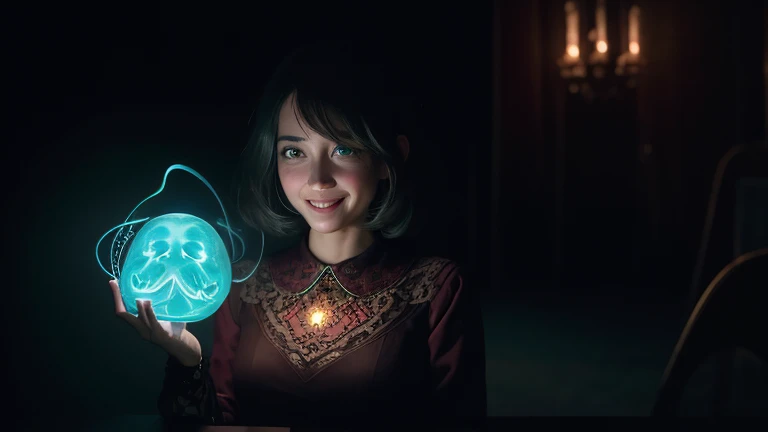 a close up of a person holding a pair of scissors, magical glowing eyes, it is glowing, still from animated horror movie, movie still of the alien girl, green glows, glows, iridescent glowing chips, mysterious glow, green glowing eyes, animated film, glow in the dark, large glowing eyes, still from a 2015 pixar movie, magically glowing --auto