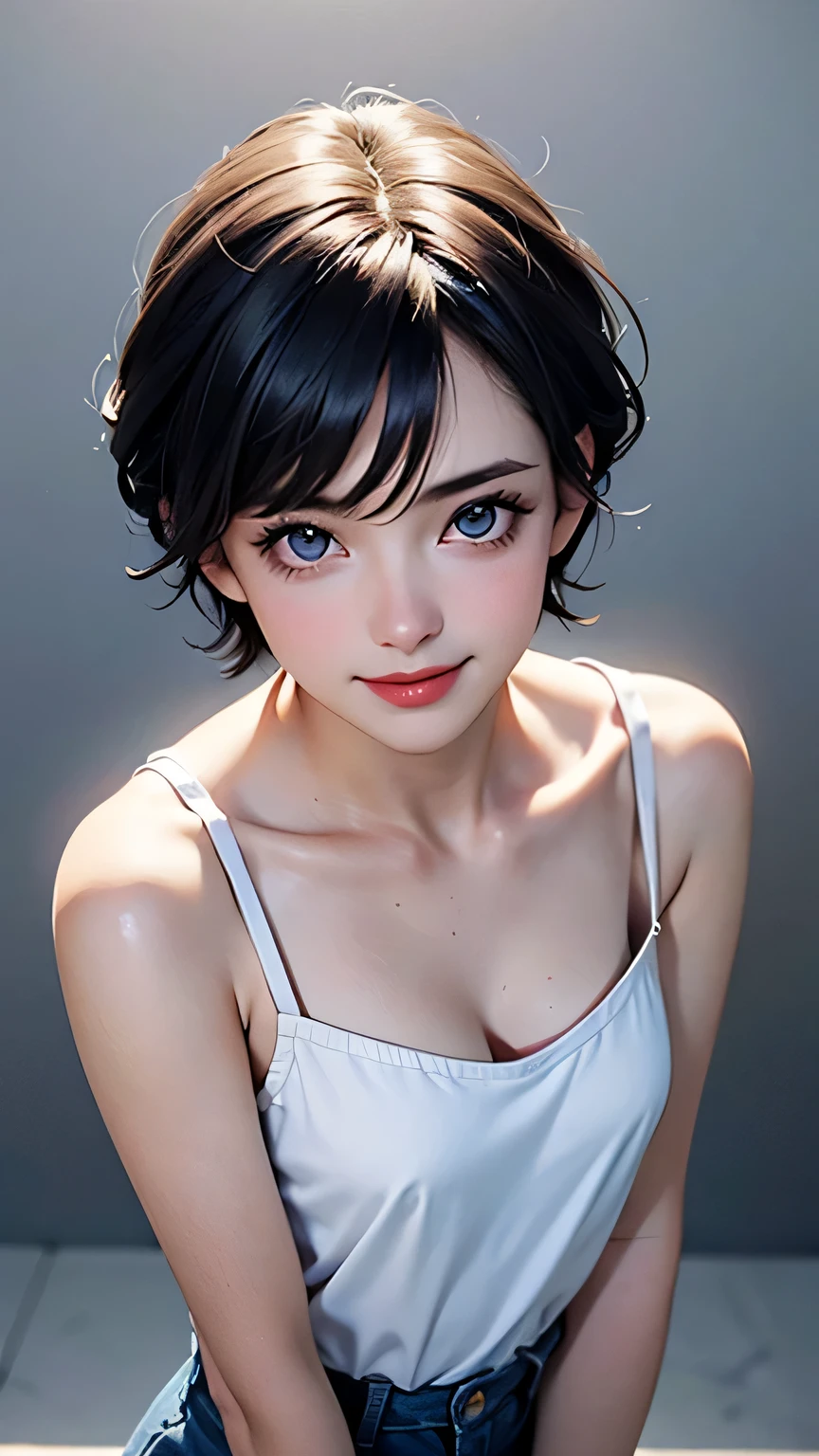 Photorealistic and ultra-detailed illustration, masterpiece, when a skinny young girl is looking up at camera, diligent pours in, her surroundings become brighter, blue bright eyes, (flat chest), wearing  white camisole , nipple, medium short hair, she smiles and she is surrounded by gentle light, simple dark gray background, from above, visible cleavage, 