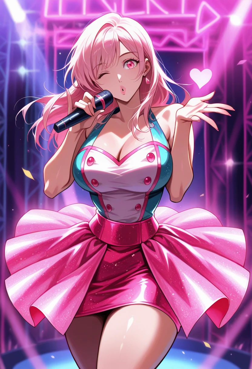 Anime girl in shiny pink latex tube dress posing for the camera, Exposing Skin, Enchanting anime girl, Beautiful woman, blush with excitement, Detailed face, (Nurse hat), Long pink hair, Looking down at the camera, 8k, Very detailed, (Visible laces), Cleavage, (Long pink latex gloves), Pink latex stockings, garter, Strip Club Background, dark, Put the spotlight on the girl, on stage, Upskirt camera shot, (Place your hands behind your head, armpits exposed, Raise one leg, Visible string), collar, Open the chest, Her breasts are prominent, belly button, High heels, Giant , Exposed hips