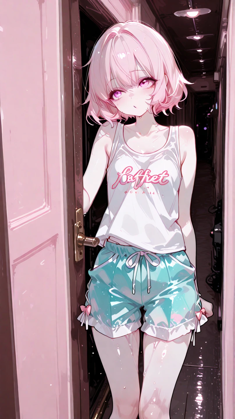 cute girl with short pink hair with bangs, wearing a white shirt and pink shorts, walking out the bedroom door, not looking at the camera, 8k