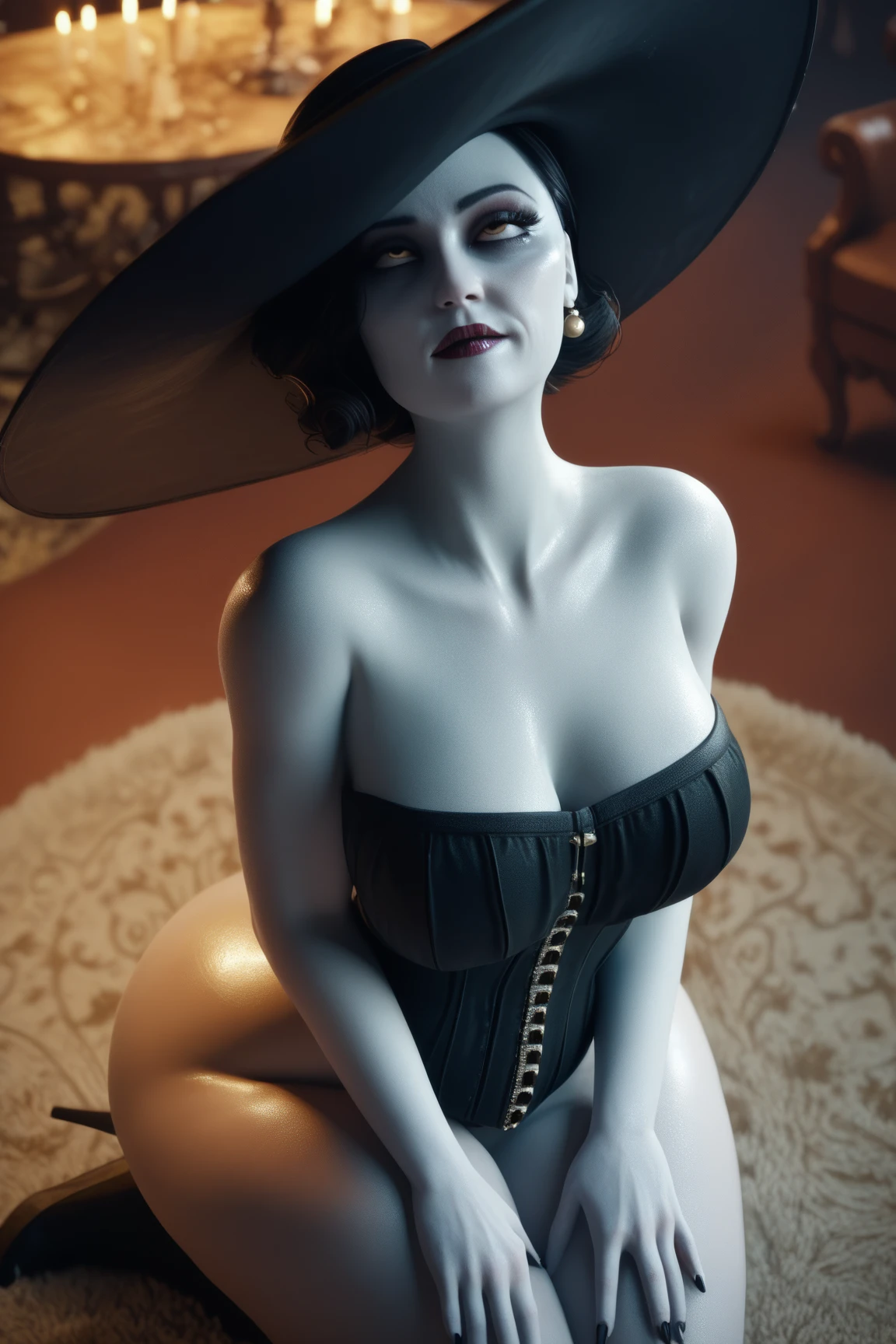 Hermosa chica cabello negro ojos azules piel blanca delineador sexy tetona desnuda maquillaje, cuerpo completo y esbelto extra grandes tetas, exposed wet pussy, detallado perfecto landscape photography cgi, scene erotic atmosphere