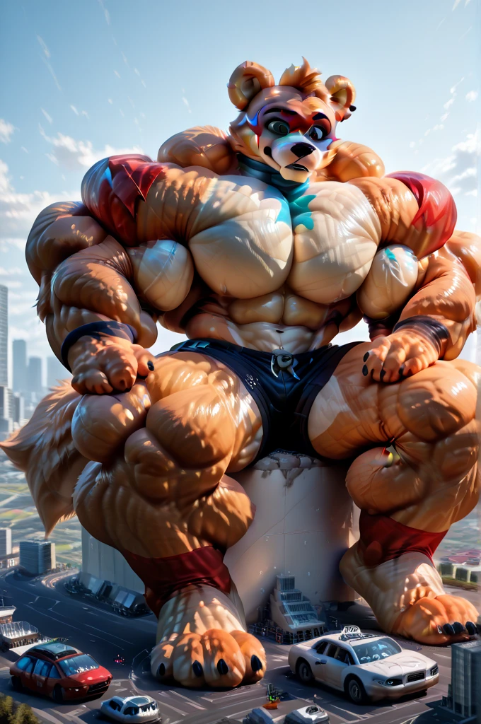 best anatomy, best quality, soft shading, bara, glamrockfreddy, macro in city, masterpiece, Ultra highest quality, unreal engine, trending on ArtStation, Intricate, Ultra heavy High Detail, dramatic, realism, blue leather thong, realistic, muscle, furry, looking_at_viewer, Ultra heavy detailed eyes, Ultra heavy detailed body, Ultra detailed heavy face, expressive, hyper realisitc