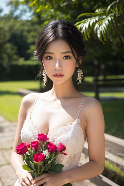 Chinese girl, 2, white skin, shaggy breasts, big breast, happy face, thick body, sexy body, gym body, curvy waist, sunny day, milky white skin, a butterfly tattoo on the shoulder back, a big flower tattoo on the thigh, there is a tatoo says "Thasya" on the arm, sexy transparent bride gown, sitting on the dead wood, in the rose garden, nakeness, full body, beautiful nail arts, showing her white tighs, black hair, straight hair, sexy toe, camera from below, full body from toe to head, full body, see-through black public hair, thick pubic hair