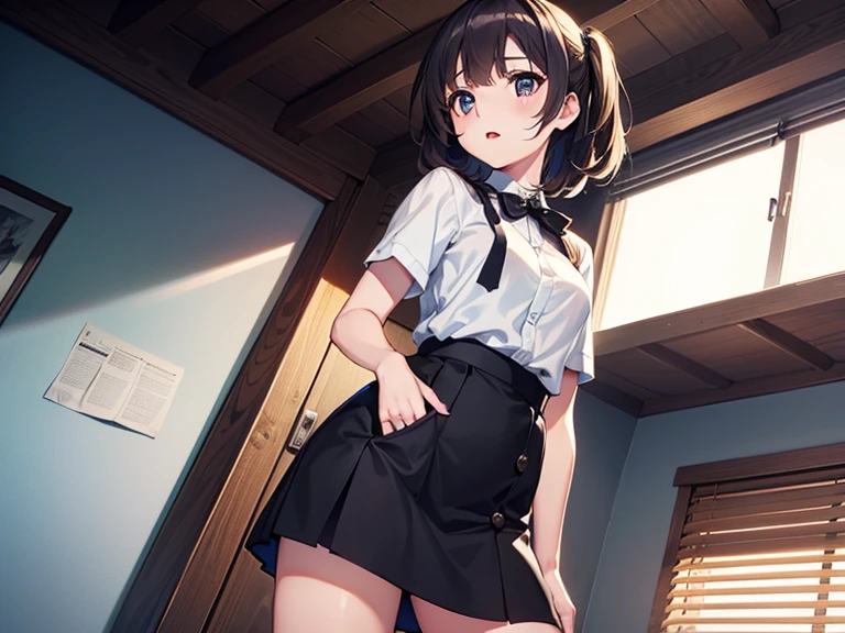 masutepiece, Best Quality, High resolution, Extremely detailed, Detailed background, Cinematic lighting,
((closeup:1.03)),((cowboyshot)),((delicatebody:1.5)),((rasping:1.5)),
1girl in, Looking at Viewer, ((from below view:1.5)),
Wear a plaid shirt, microminiskirt, Pleated skirt, standing, Full body, Sunlight, juniorschool, Stand on the classroom , City Girl,ponytail,hight165cm,weight30kg,b60cm,w50cm,h65cm,