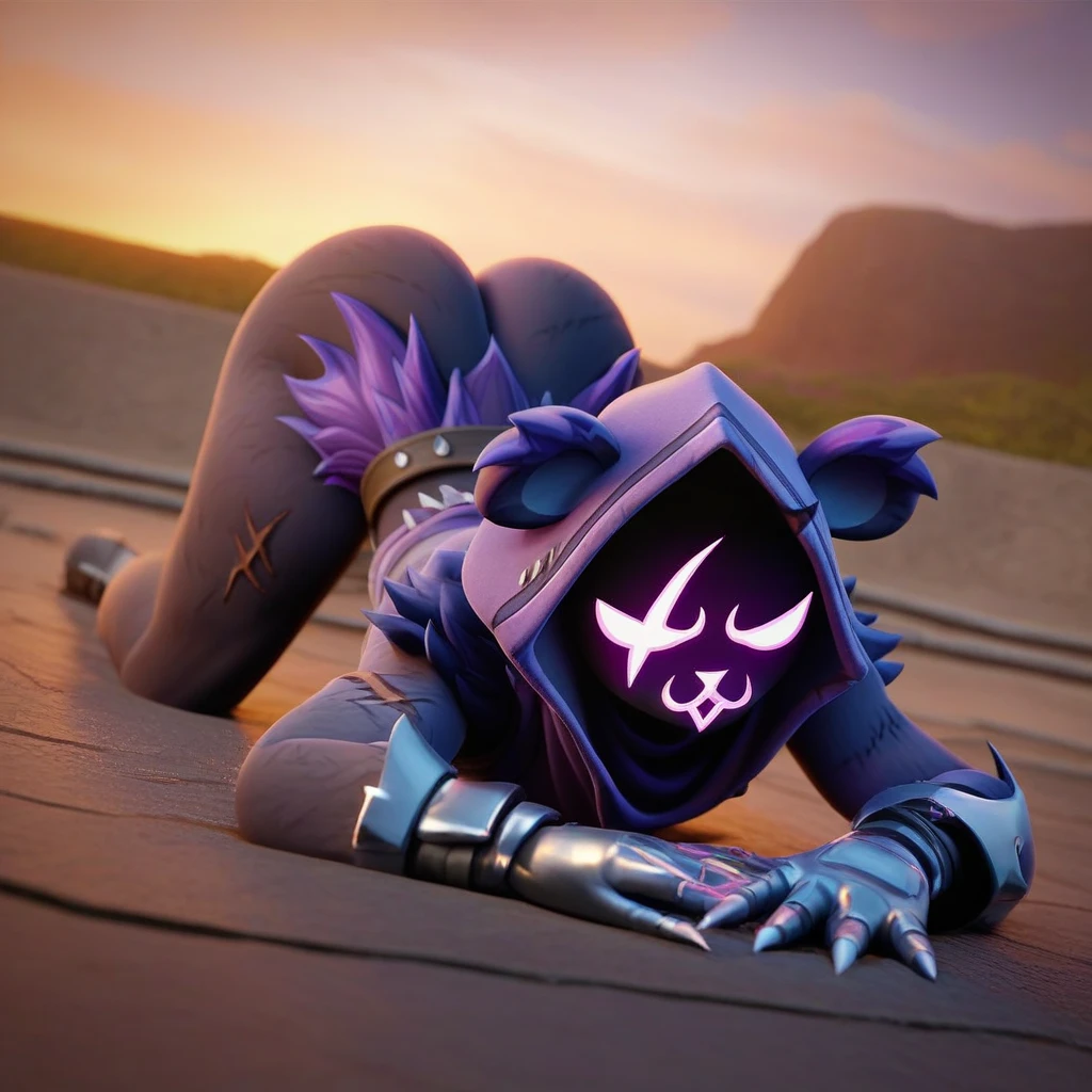 Raven team leader,purple hoodie, with no face, shadowed face, animal ears,purple skin, scar on eye, body skin, purple fur, waist belt, torso symbol, metal gloves, pointing your ass at the viewer, leaning forward, pushing, she closes her eyes, hands resting on top of a small wall, her with her eyes closed, hands are not in the air, expression of force, clear and blue day