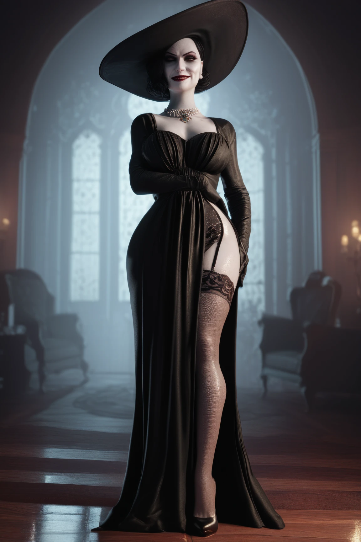 (masterpiece, best quality)
1girl, LadyDimitrescu, light skin, black hair, pale skin, breasts, thighhighs, hat, garter straps, solo, makeup, large breasts, lipstick, red lips, jewelry, gothic, flower, black lips, underwear, thighs, lace, black thighhighs, necklace, lace-trimmed legwear, cleavage, looking at viewer, thick thighs, lace trim, short hair, black headwear, lingerie, sun hat, curvy, black flower, corset, gloves, dress