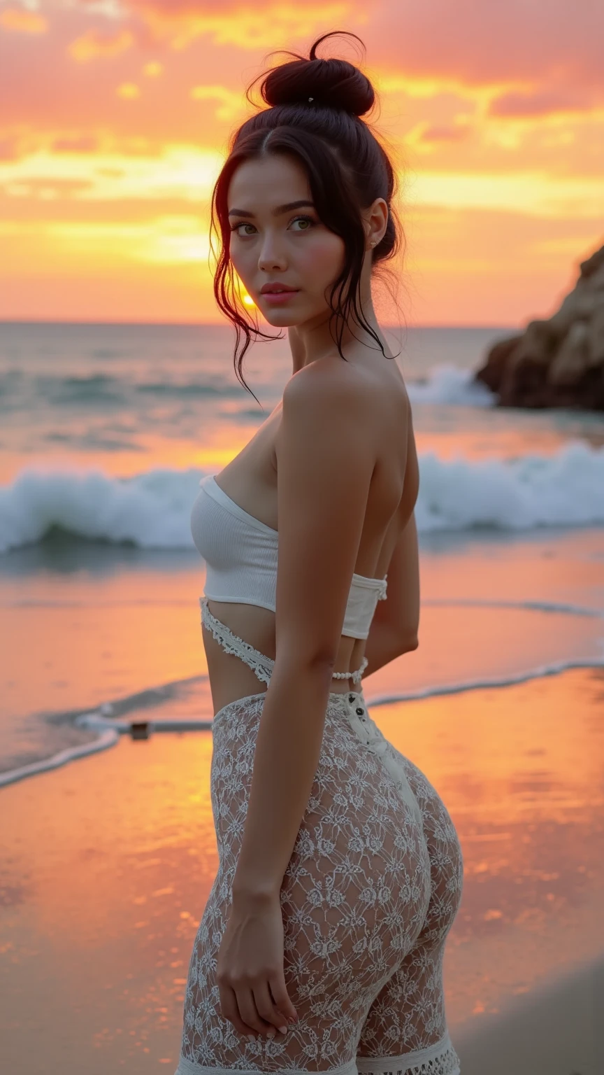 arafed woman, adult woman, detailed body, beautiful face, tan supermodel, beautiful eyes, full summer dress, perfect face, d cups, pretty big breasts, 29 year old female, large hips, big butt cheeks, nice ass, HDR, photoreal, dress red, posing on beach, sunset, white bra, hands holding hair, solo, detailed dark long slightly curly hair with light shades, red dress, earrings, accessories, pendant