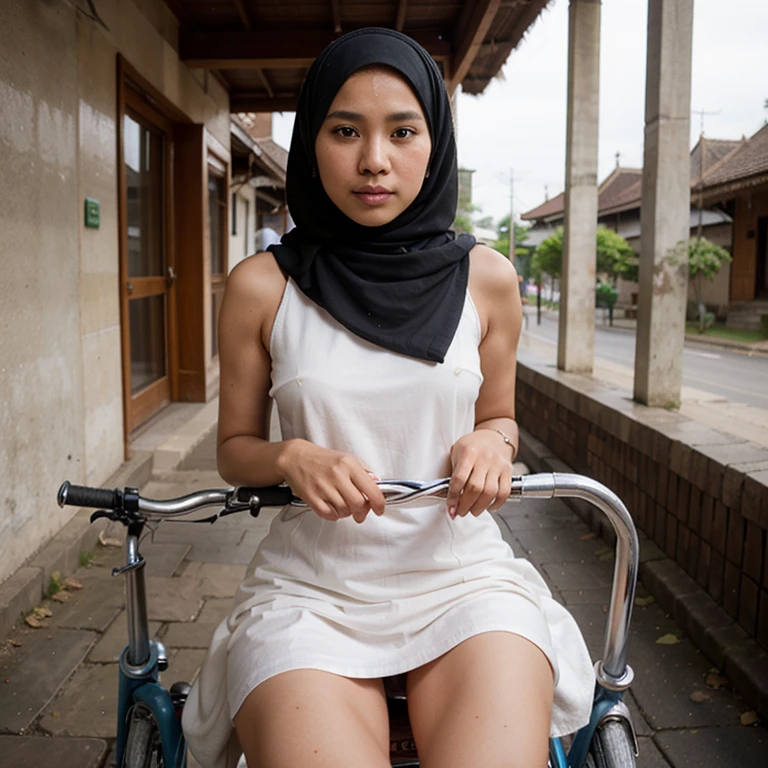 masterpiece, best quality, , (solo), hijab girl, asian, wearing bra and panties, squat position, outdoor, cafe racer motorcycle,