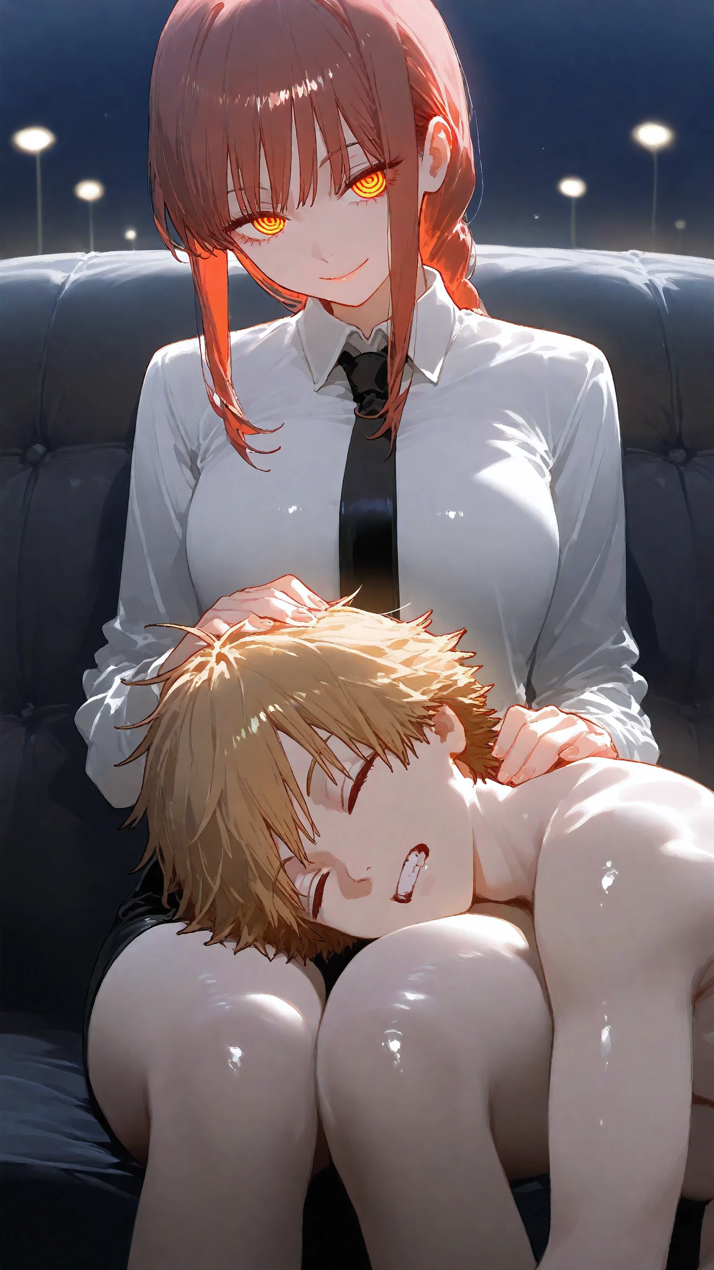 shiny skin , shiny , masterpiece、top quality、 in detail,,lap pillow, lying, sitting, Sofa, sleeping,,At the parking area, 1boy, denji, 1girl, makima \(chainsaw man\), chainsaw man
