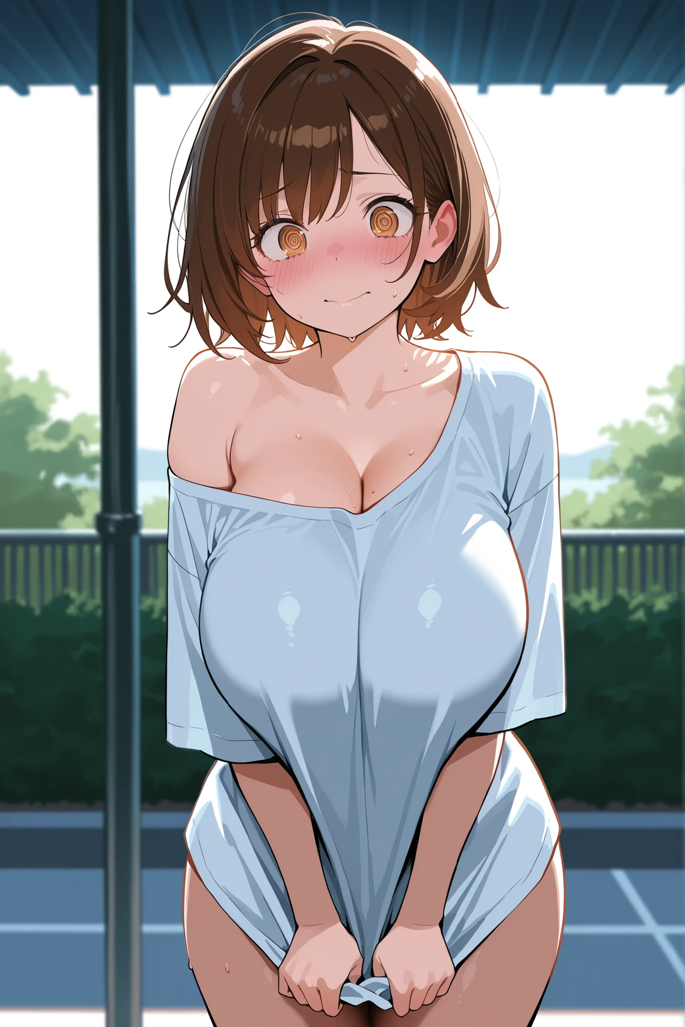 Photo of a coffee shop, wet street, buildings, busy street, cycle, garbage, Nostalgia, ultra quality, hyper detailed, a short t-shirt up to the middle of the chest, chako uraraka with black tongue, and a shirt cut to the middle of the chest, breasts exposed up to half, hyper big breasts, nude tit covered until licked with the shirt,