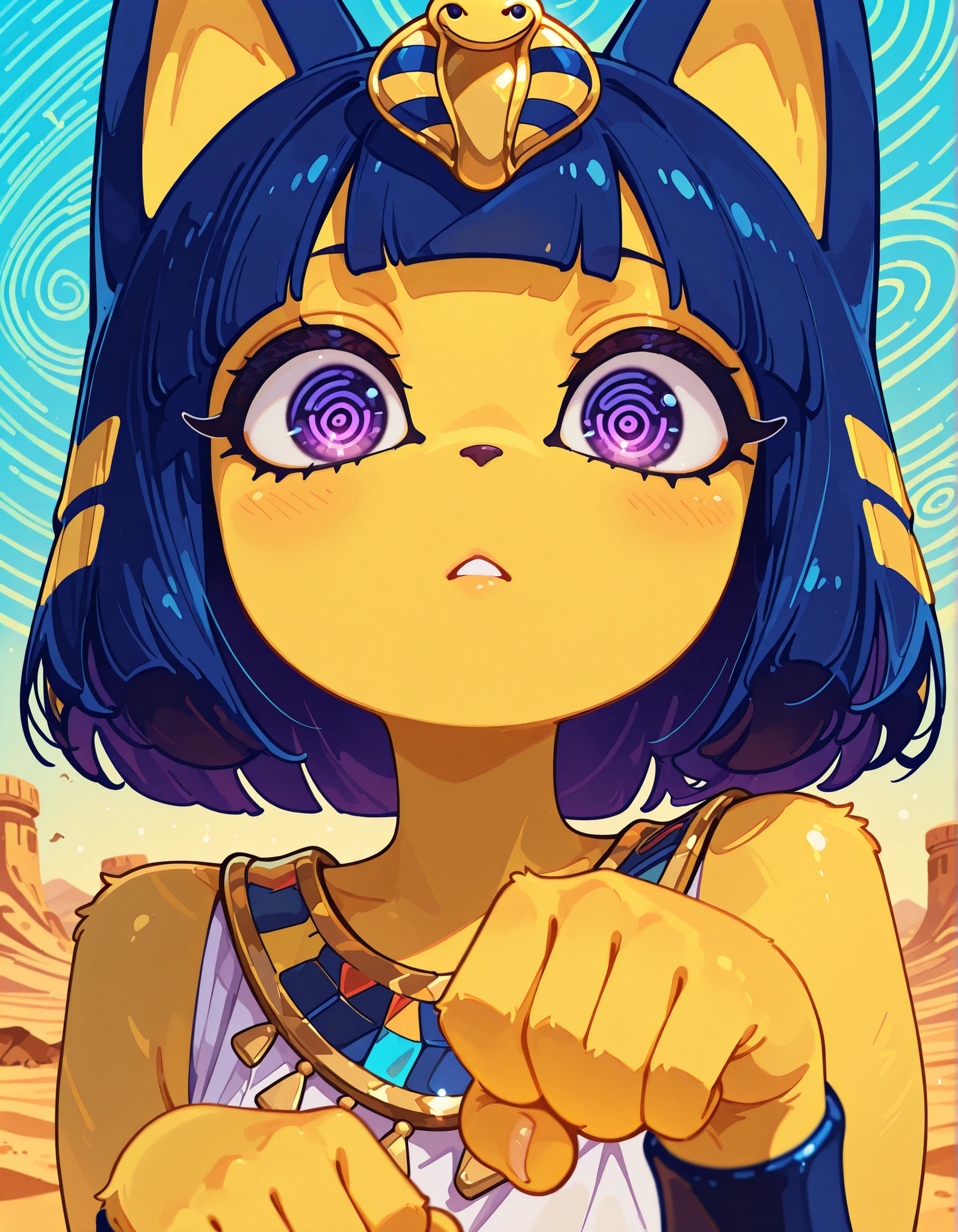 Minimalist Coloring, Fancy coloring, mitsumi, tinosquare,, depth of field, 1girl, furry, ankha \(animal crossing\), expressionless, eye reflection, yellow background, yellow theme, blue background, desert, spiral eyes, purple eyes, glowing eyes, wide-eyed, paw pose, looking at viewer, close-up, parted lips,