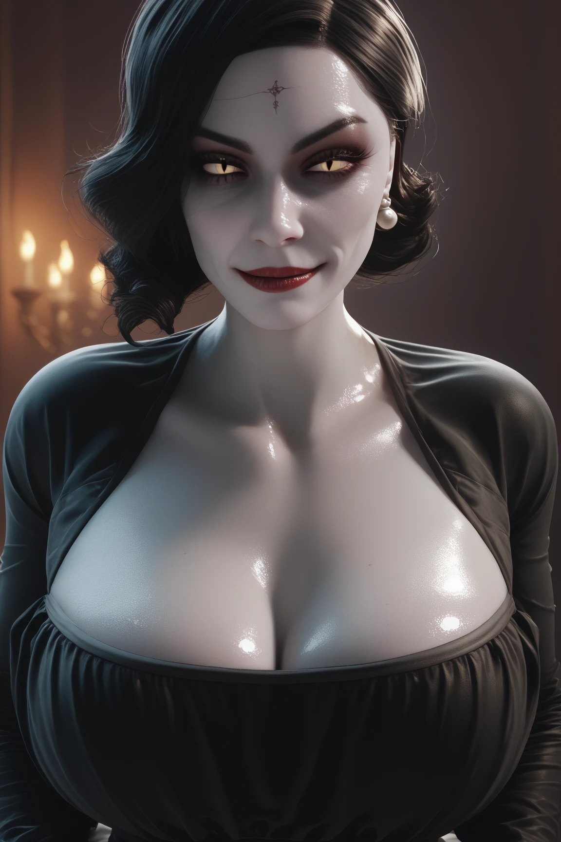 (masterpiece, best quality)
1girl, LadyDimitrescu, older, mature, long face, light skin, black hair, pale skin, breasts, thighhighs, solo, makeup, large breasts, lipstick, red lips, jewelry, gothic, flower, black lips, thighs, black thighhighs, necklace, lace-trimmed legwear, looking at viewer, thick thighs, lace trim, short hair, curvy, black flower, gloves, naked, nipples, exposed breasts, exposed pelvic, pubic hair