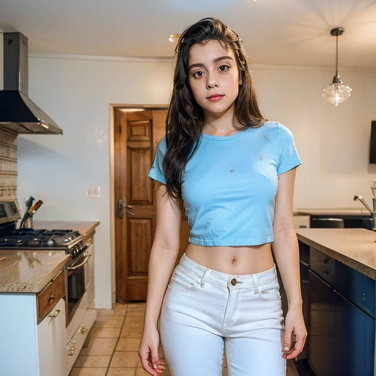 Girl of average height 1.65, medium breasts, brunette, straight bangs on the forehead, Dressed in jeans and a tank top, Cute appearance, looks at the camera, Brazilian Appearance, 18 years