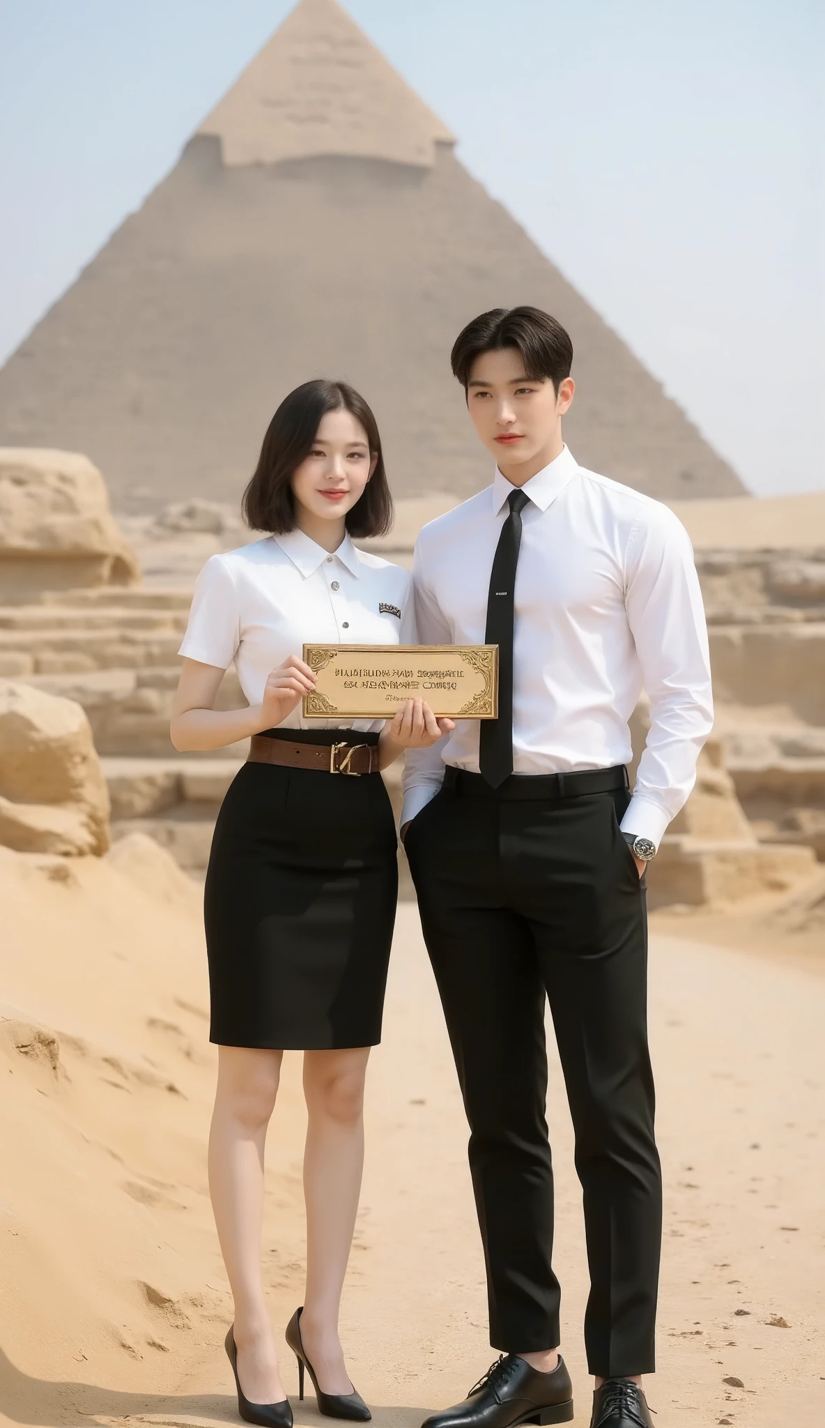 A formal, a full-body image shows a muscled Korean man standing next to a young Korean-Thai woman in the desert in Egypt.
She has a side bob haircut, showing off her narrow forehead. She has a voluptuous figure. She is chubby-sexy. She wears a Thai Mahalai uniform (a light white short-sleeved collared shirt with silver buttons and a silver teardrop-shaped brooch, a brown leather LV belt, a short black pencil skirt, and black high-heeled shoes). She smiles a bit at the camera. She proudly holds a Department of ACCOUNTING CMRU sign. The man is handsome and very muscular. He has a fluffy K-pop hairstyle with fringes, phwamen. He wears a tight long-sleeve white shirt with a collar and six buttons, a black necktie, black wool slim-fit pants, and black leather shoes. He places his hands beside his body.
It is the ornate signpost with a rectangular sign, measuring 50 cm wide and 20 cm tall, mounted on a 120 cm tall pole. The sign features intricate gold-colored decorative borders and a small crown-like ornament at the top. The text on the sign is ‘ACCOUNTING CMRU’. The sign is made of oak wood. The handle is made of a slim and long wooden stick.
The background is the Great Sphinx of Giza in Egypt. The overall landscape view is included, not only focused on the man and woman. The vibe is formal. The image is presented for public relations for the university.
Highest image quality, high resolution, photorealistic, raw photo, and extremely detailed CG unified 8k wallpaper.