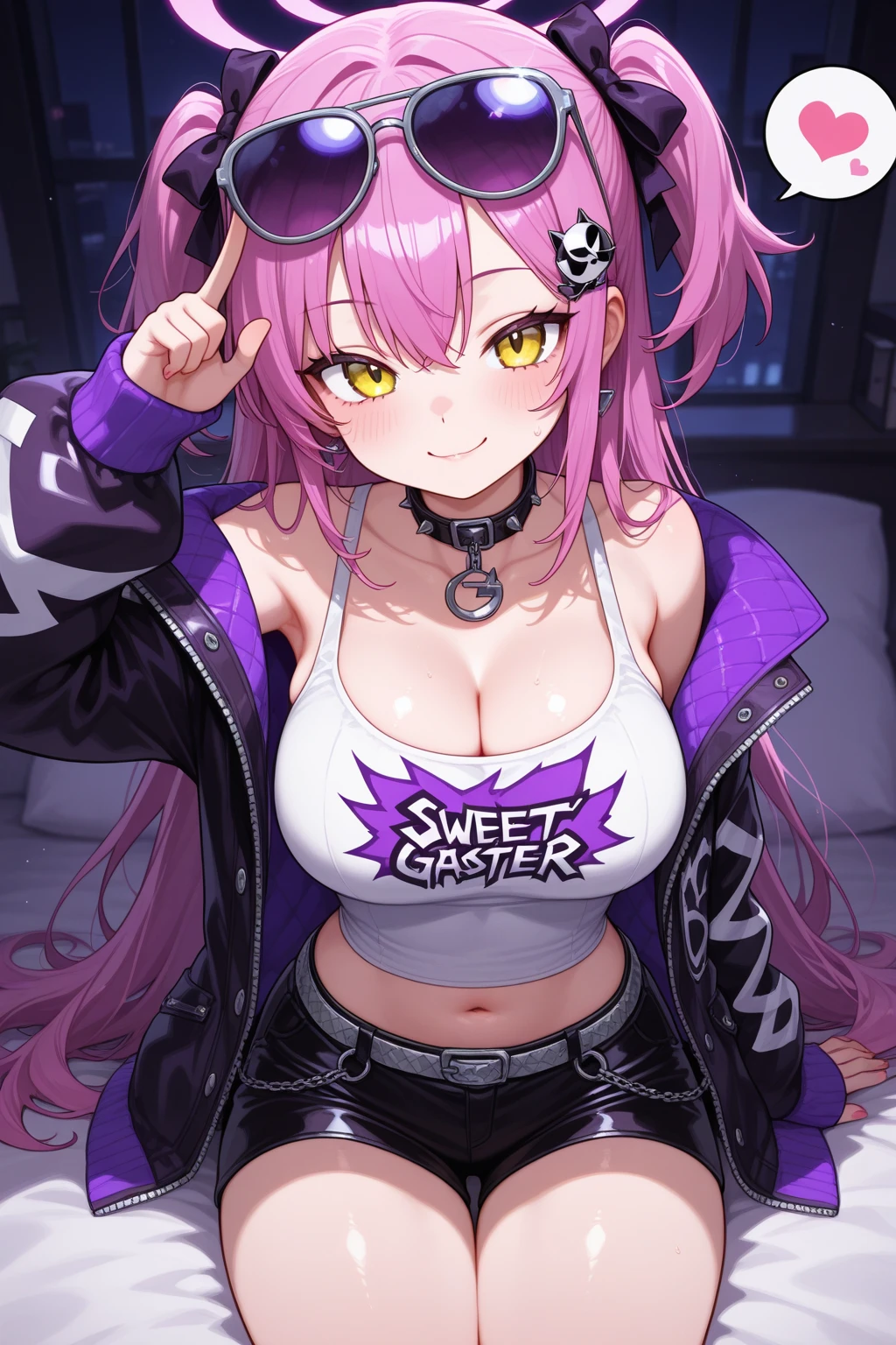 Wolf Woman, Big Breasts, Voluminous purple hair, One girl, masterpiece , Red eyes、Double teeth、tooth、Blushed cheeks、 hd, Head to Chest, buried in my chest、Underbust、Cleavage、hoodie、Shorts、Sweat in the valley、Tank top、On the sofa、Newsboy hat