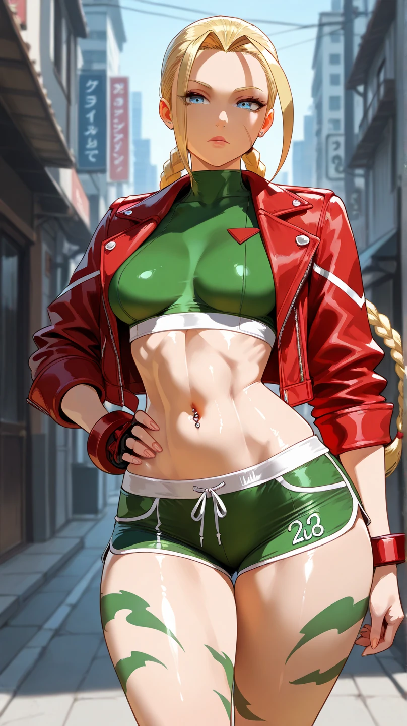Best possible quality, ultra 8k resolution, most beautiful girl,most beautiful,European white skin, blonde hair, beautiful hair with two braids, red beret,lush body, perfect toned, exotic, erotic, little green suit, red gloves, beautiful Cammy cosplay