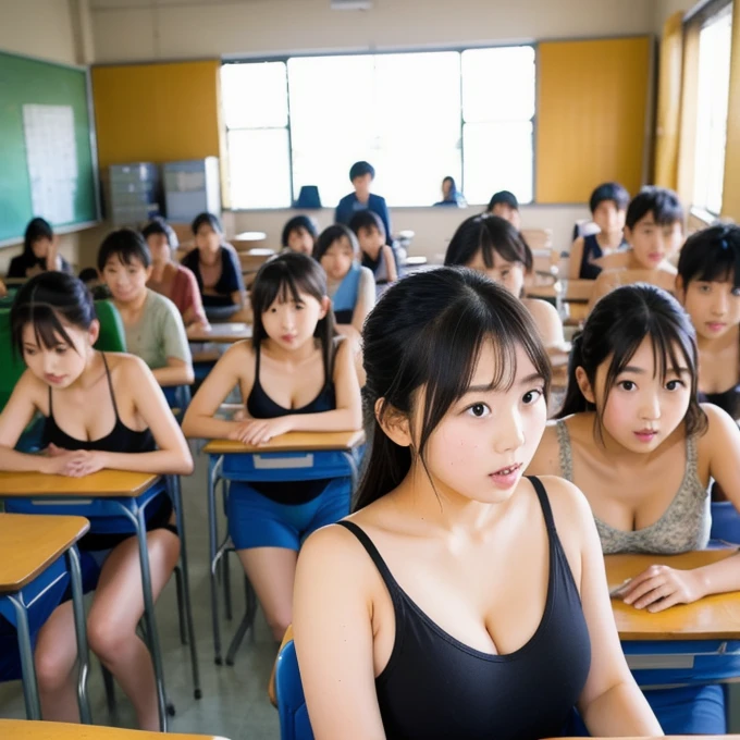 in the classroom、Students in bikinis chatting and exchanging ideas while looking at documents.