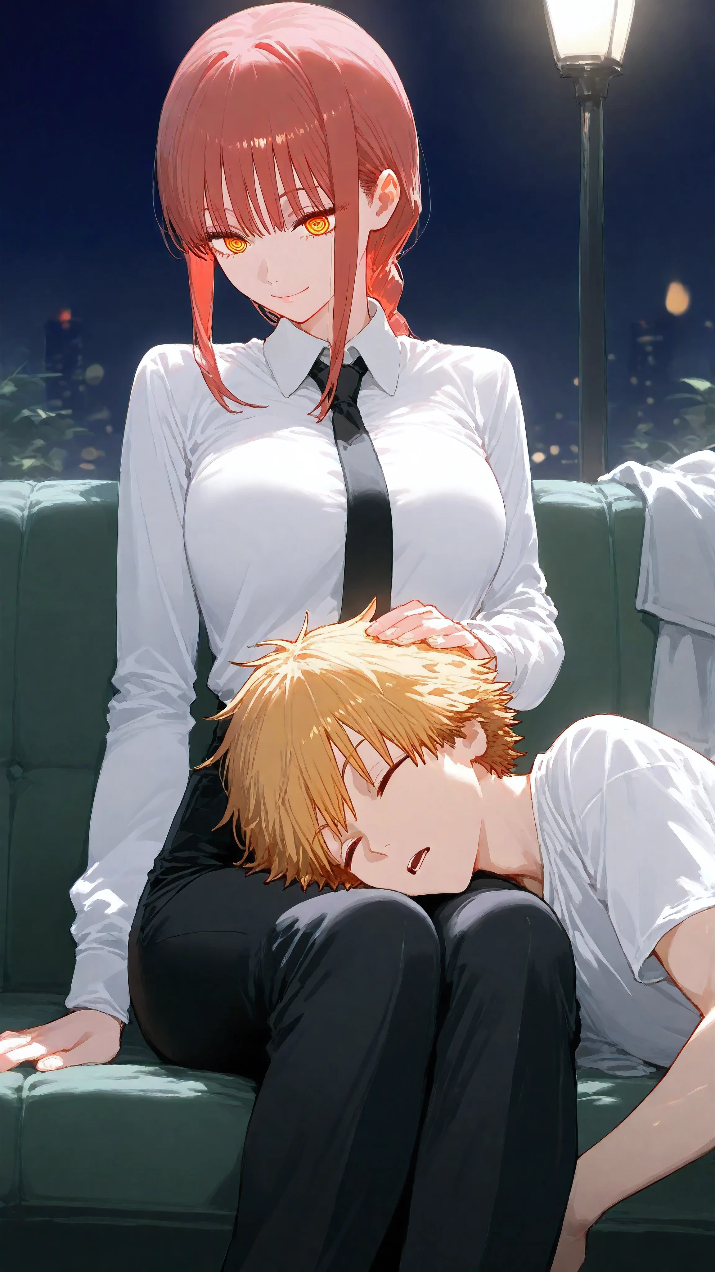 shiny skin , shiny , masterpiece、top quality、 in detail,,lap pillow, lying, sitting, Sofa, sleeping,,At the parking area, 1boy, denji, 1girl, makima \(chainsaw man\), chainsaw man
