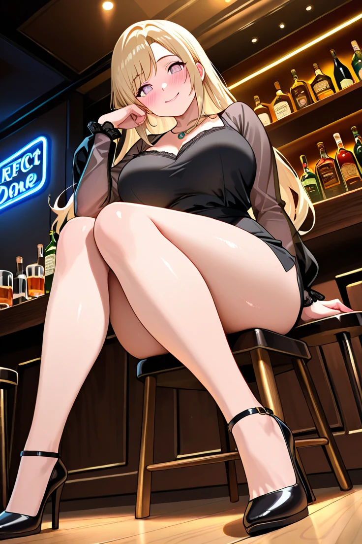 anime, Beautiful face, very detailed face, 2 neat legs, Detailed eyes, very detailed background, perfect lighting, beautiful blonde hair, precision weapons, Precise hands, precise fingers, whole body, 1 girl, One, rubi hoshino, Oshi no ko, in room, detailed heels, black heels, detailed hips, absurdity, a high resolution, ultra-sharp, 8 K, masterpiece, I look at the viewer, teasing smile, club life, in the night club, Nightclub Outfit, sexy lower breasts, pencil skirt, in the bar