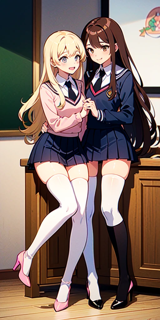 ((2 girls))、(smile:1.5)、Small breasts、(Cowboy Shot)、(fun!!)、(cardigan)、(Blonde)、(blush:1.4)、、(single braid)、(Eye highlights:1.3)、blake black shoes,(黒いskirt)、bow, button, shirt with collar, Long sleeve, ((red bow tie, , Black jacket, Open jacket, 茶色のcardigan, white shirt, 黒のskirt, チェック柄のskirt、white socks)),, shirt,, skirt, socks, Thighs, white shirt, Rest indoors, ((classroom:1.5))、 BREAK while watching the audience、(skirtを掴む:1.0)、 (Perfect hands, Perfect Anatomy),Cowboy Shot、(skirt lift:1.3),(Highly detailed white panties:1.3)、(highly detailed panties:1.3)、、(skirt that rolls up:1.3)、(Full-fledged panties:1.5)、Light blue eyes、