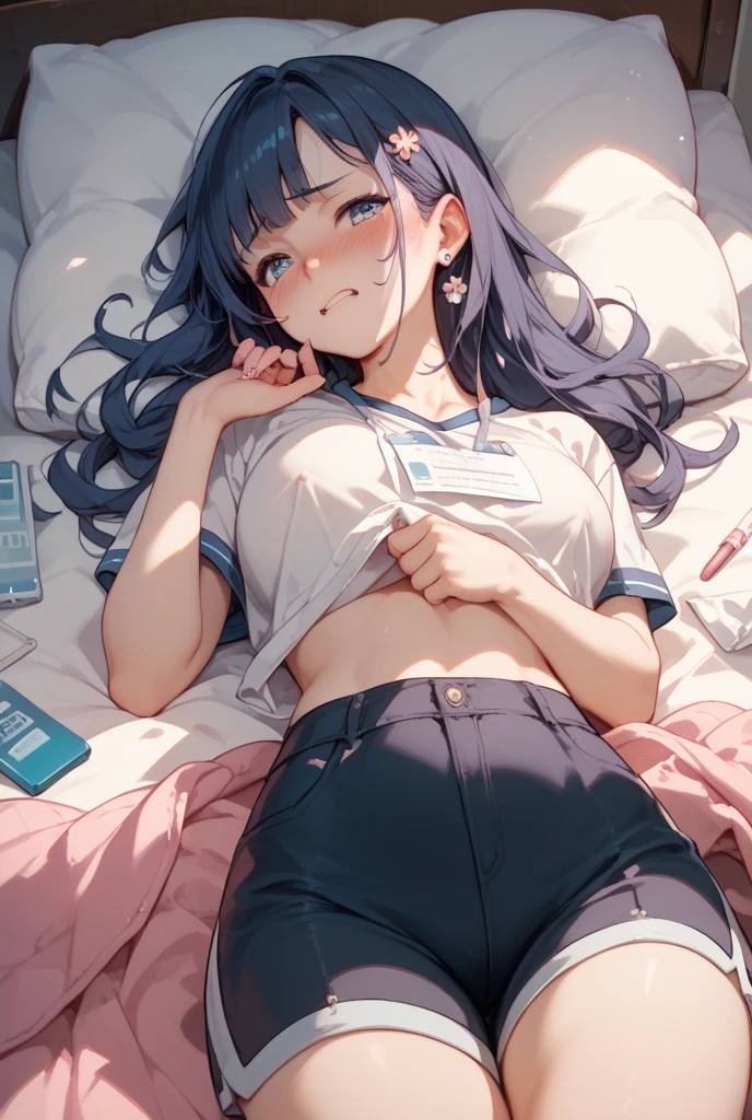 1girl, realistic, underwear, on_back, panties, solo, purple_hair, lying, navel, on_bed, bed_sheet, white_panties, bed, <lora:yuuka:1>,white shirt,