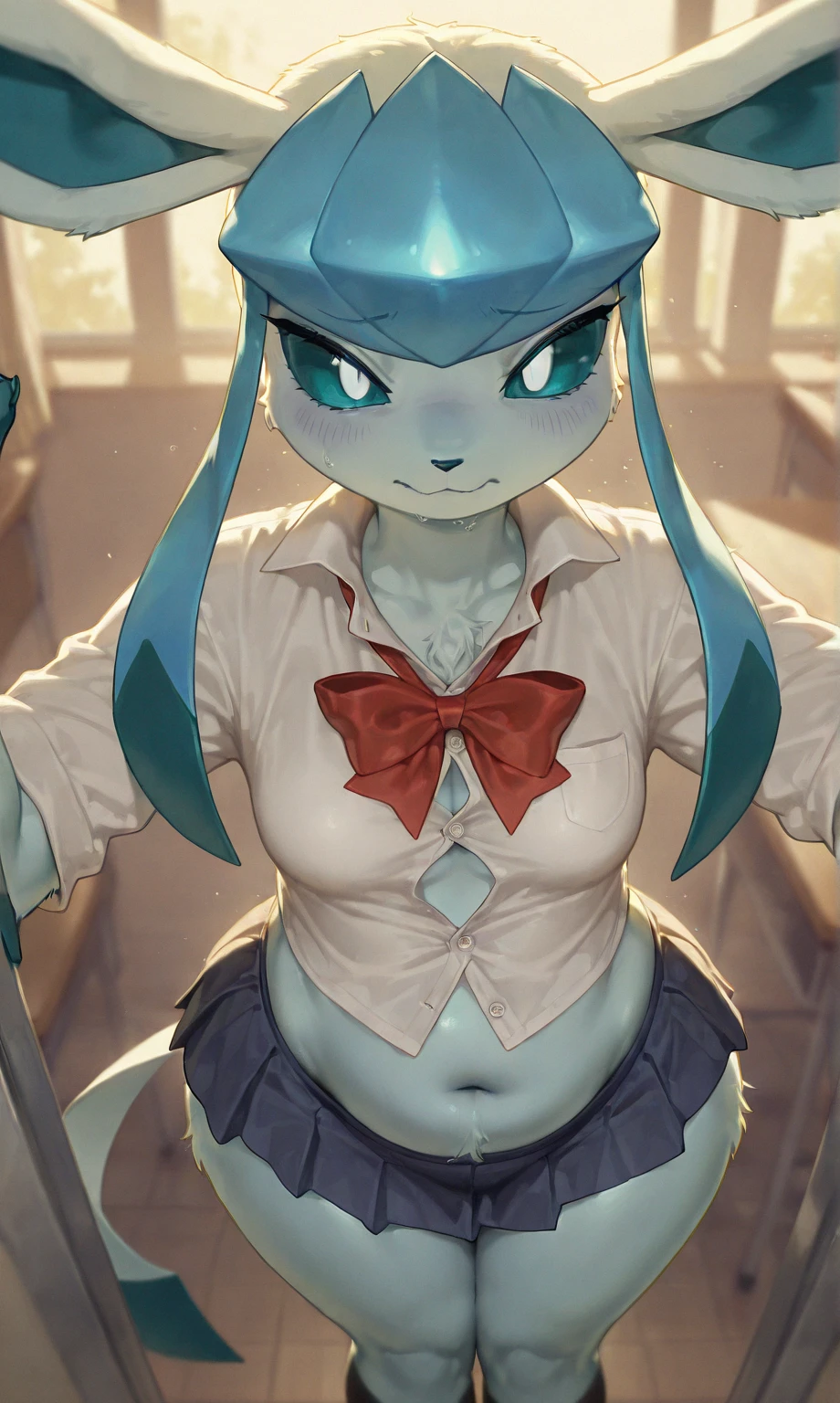 Alone, score_9,score_8_up,score_7_up, anthro female glaceon, white bra, white panties, cut on arm, blood, pain face, indoors.