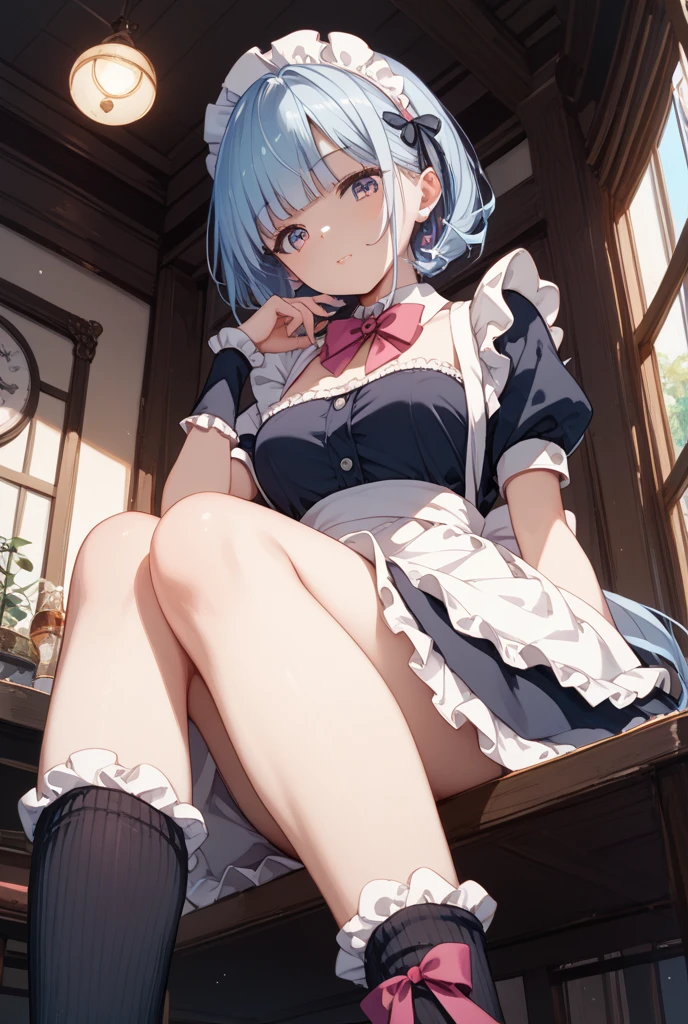 score_9, score_8_up, score_7_up, rem_\(re:zero\)
blue_eyes,hair_over_one_eye,short_hair,blue_hair,hair_ribbon,roswaal_mansion_maid_uniform, 1girl, solo, sitting, crossed legs, from below
Masterpiece, best quality, detailed eyes, perfect face, award winning