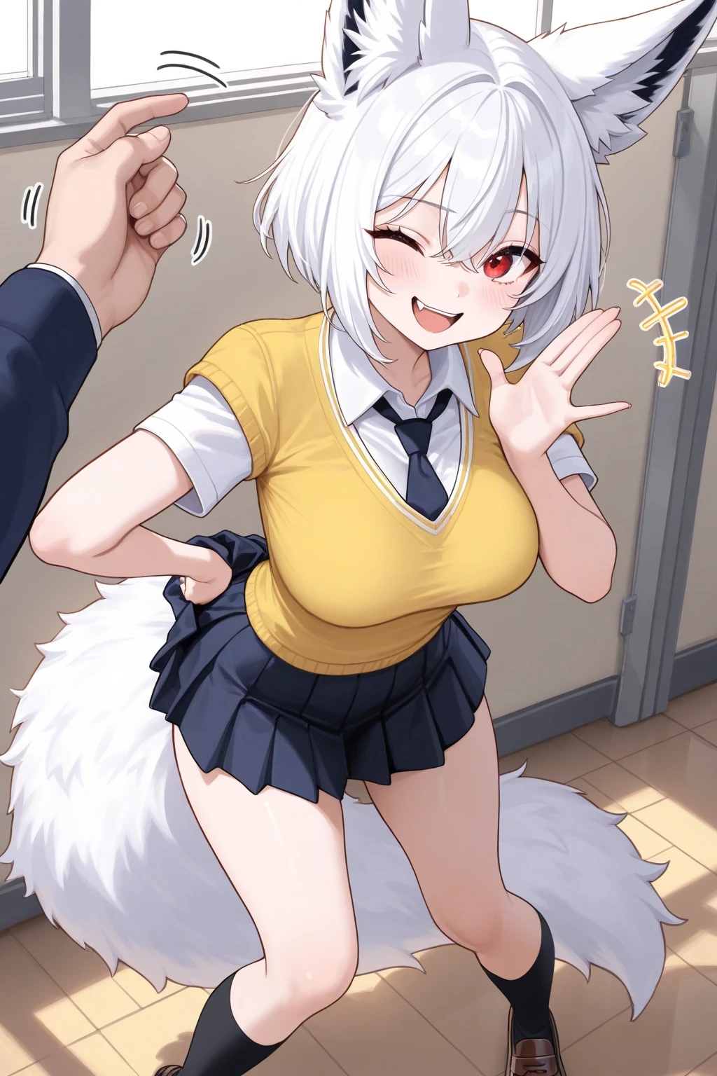 ((1 girl))、(smile:1.5)、small breastsのヌード、(cowboy shot)、(fun!!)、(white cardigan:1.5)、(blush:1.5)、(silver hair)、Chest roll-up clothing,pull clothes,((flat chest:1.3))、((I can see your nipples:1.5)),(dog ears), No bra, (black skirt),look down, ((classroom:1.5))Upper body,classroomのシャツロールアップシャツセーター高解像度,look down, Upper body,Fair skin,classroom,small breasts,shaved pussy、long hair、light blue eyes