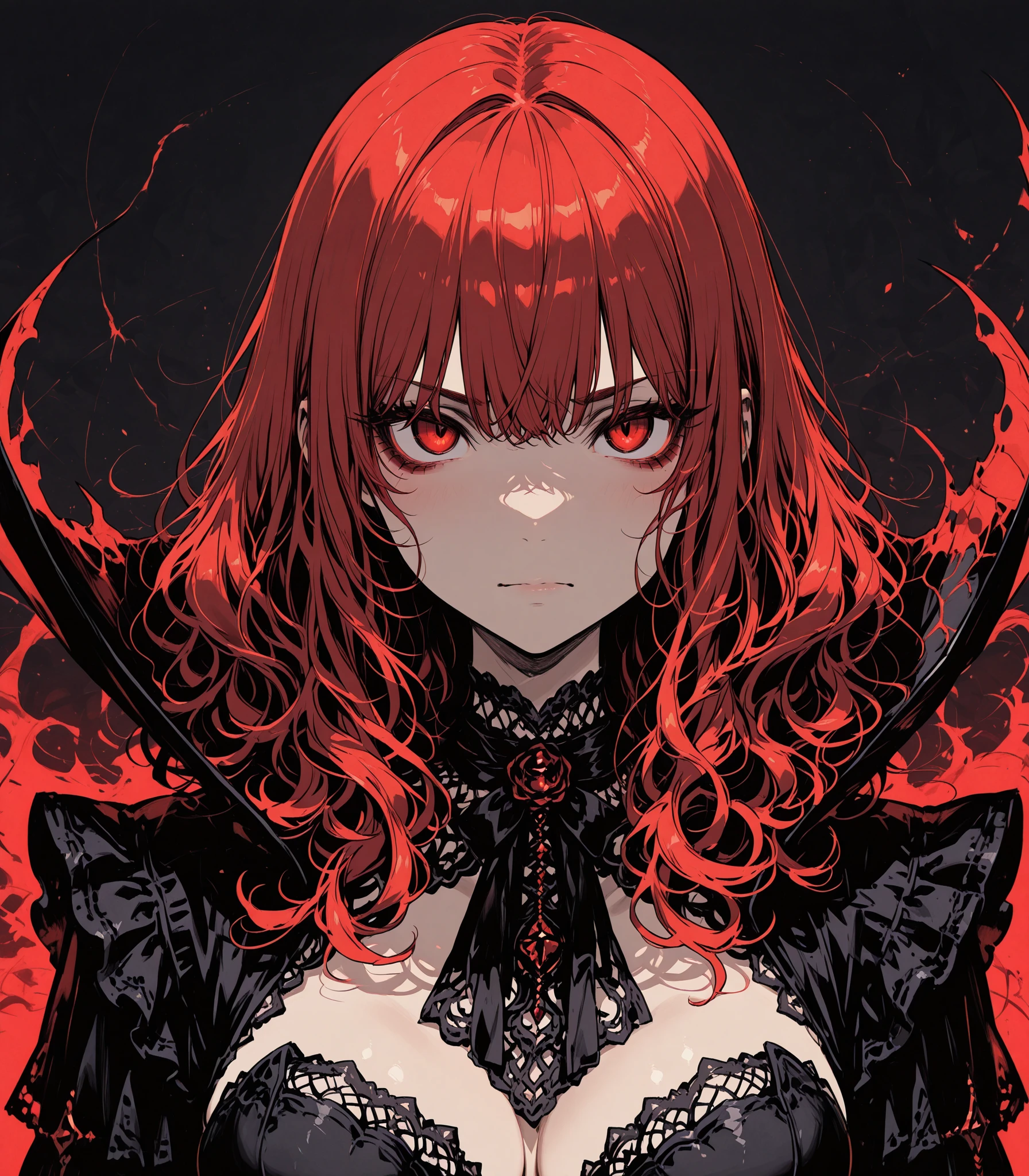 Long red hair, yellow eyes, evil, sexy, black and red clothes, cute hairstyle, evil face, evil, serious look, gloss lips, sinister, front look, bloody, gloves, close up, portrait, beautiful eyes, short dress, big white, dark place, night, sensual, straigh hair cut, clear skin, evil, young 30 years girl, adult girl, solo, red, very long hair,