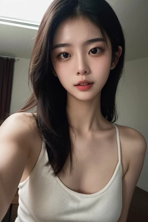 (Best Quality, 8K, 32K, Masterpiece, Ultra HD: 1.2), (K-Pop Idol: 1.3), 1 Girl, (Large: 1.2), Abs, Perfect Figure, Ultra Slender Face, Delicate Lips, Beautiful Eyes Double eyelids , (pony) (Extremely normal body,Half-tied ponytail。(black tank top) ((big bust)) (hands up)