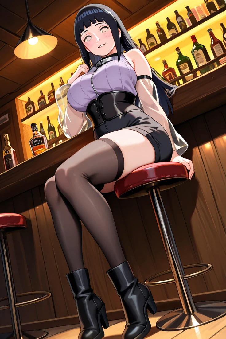 (from below:1.2),(from side:0.9), ((Face)), (Close-Up:0.4), masterpiece,"A 26-year-old girl stands at a bar counter. She is dressed in a stylish off-shoulder dress, sweater dress, off-shoulder sweater, red sweater,garter stocking, cleavage:1.1, midriff, black shorts, black thighhighs, thigh strap, pretty girl, (highly detailed beautiful face and eyes,firm breasts),real skin,((black,hair,long pony tail hair)),thin pubic hair,cute and lovely pose, detailed eyes, This masterpiece is only visually stunning but also tells,(double breasted:0.6,under bust:0.6),(with sparkling eyes and a contagious smile),open mouth. The bar is beautiful, with colorful bottles of alcohol in the background and a soft glow from neon lights. The atmosphere is relaxed, and the girl looks confident and fashionable.",full body, sexy pose,make a cocktail , in a bar counter, Looking at Viewer, 