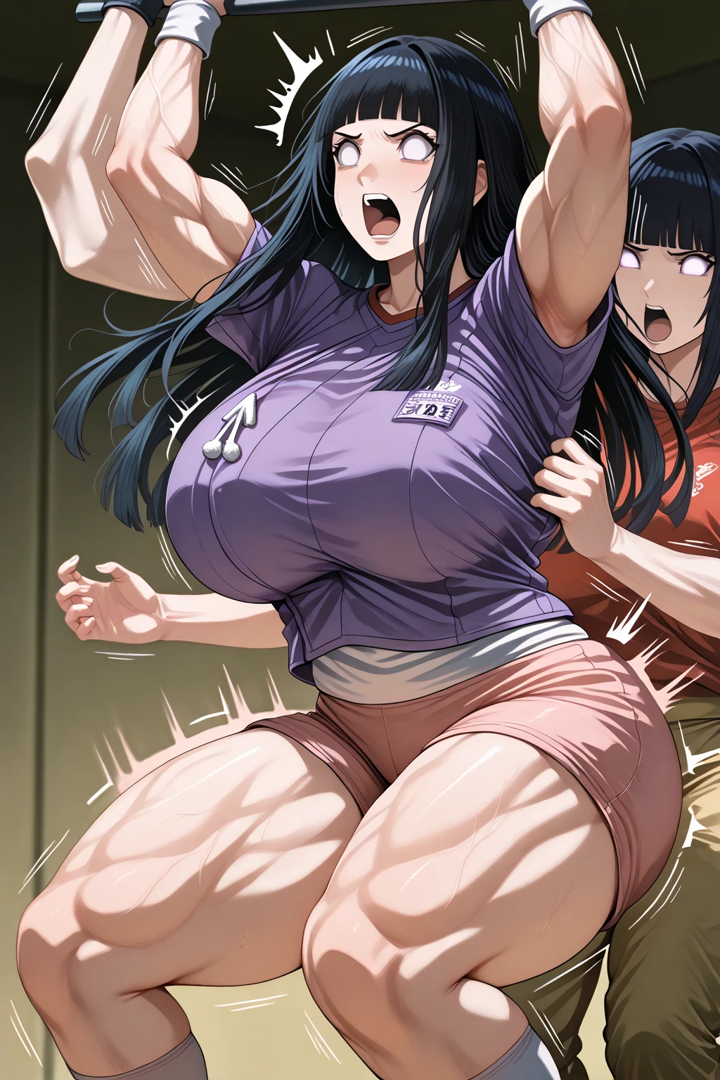 1man and 1woman having sex,mature woman,adult face,standing doggystyle,rolling up eyes,flying heart-shapes,shaking effect,black hair,open mouth,saliva,shouting bubbles,curvy body woman,gigantic buttocks,buttocks grab,at back alley,tanktop,