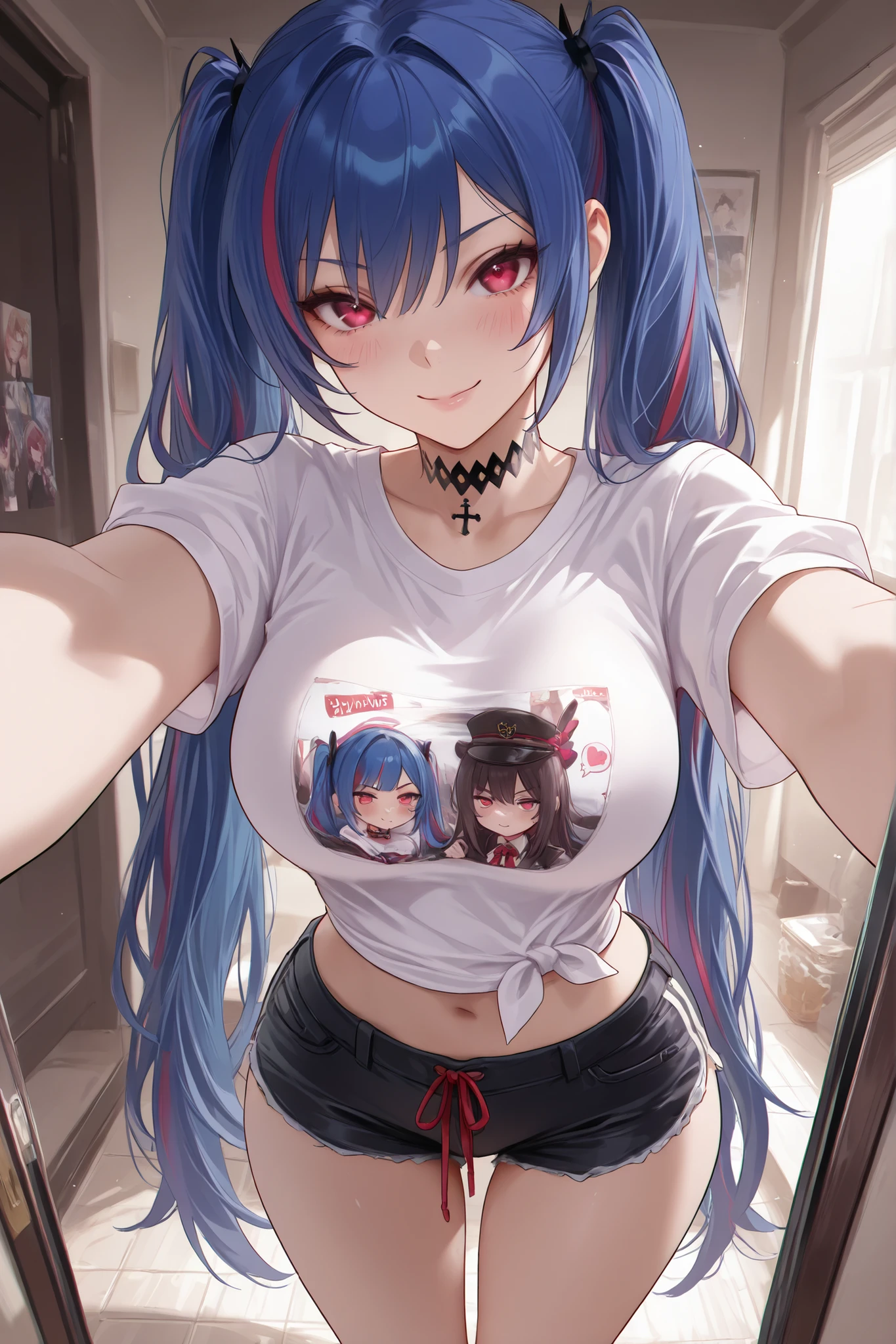 Dratena Belbury , masterpiece , best quality , amazing quality , 1girl, 1 male, NSFW , chromatic aberration , very long hair , Red eyes, twintails , breasts, White Tshirt, Short shorts, Smile, Memorable photos, selfies, photo poses, red streaked hair, blue hair, middle breasts, extremely detailed face , detailed eyes , Greatest Masterpiece , TOP QUALITY , 8k ,