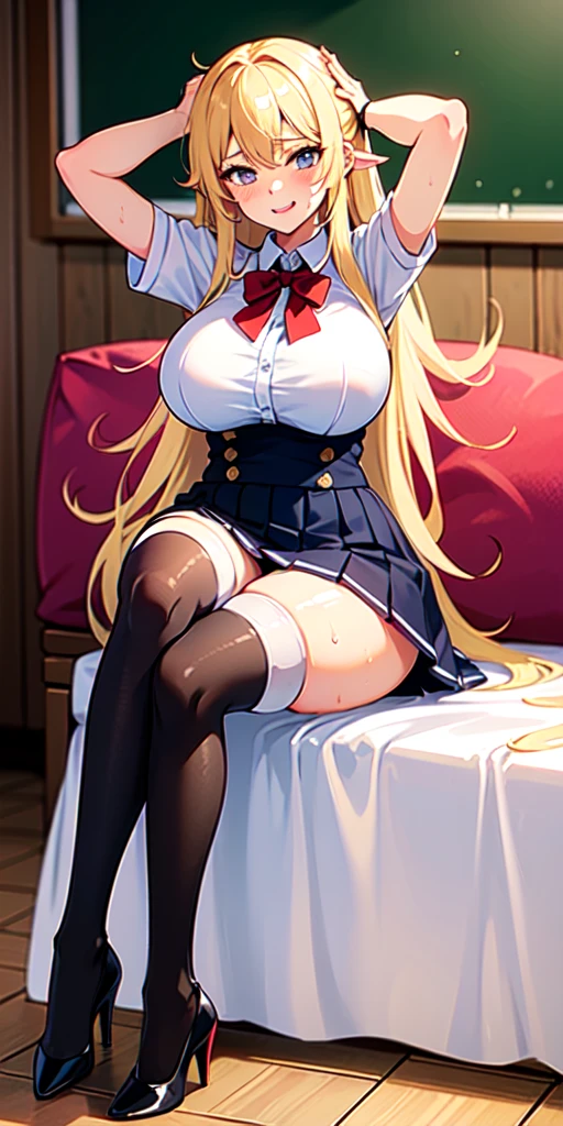 Von oben、Auf dem Stuhl stehend、Full body、Cleavage neckline,、Zeigen Sie mit dem Finger auf Ihren Mund、(Schuluniformen:1.3), (white, einfarbige Kleidung um die Taille:1.5), (Knoten an der Taille:1.3), (whiter Kragened-shirt:1.4), ((whiter Kragen, unbutton, Kurzarm):1.2), (roter Faltenrock mit Karomuster:1.3), ((Halskette, buntes Armband, X Haarschmuck):1.2), ultradetailliert、(8k, RAW-Foto, best quality, Meisterwerk:1.2), (extrem detailliertes 8K-Hintergrundbild),Illustration、Professionelle Beleuchtung,scharfer Fokus, depth of field、 NSFW、klare Augen、perfekte Anatomie、girls with、15 year old student、black girl(dark-skinned:1.2)、、pralle Oberschenkel、Riesenmeise、(Konzentrieren Sie sich auf die Brust:1.5),、blaue Augen、a blond、(bilden:1.1)、(Lose Socken unterhalb des Knies:1.2)、