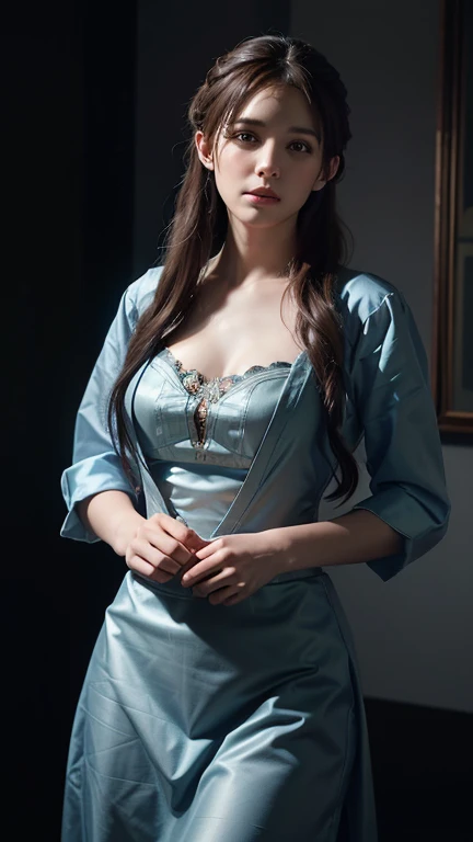 1girl, beautiful teenage girl, small breasts, revealing ornate navy blue dress, short wavy brown hair, portrait, oil painting, modern, realistic proportions, intricate, intricate details, sharp focus