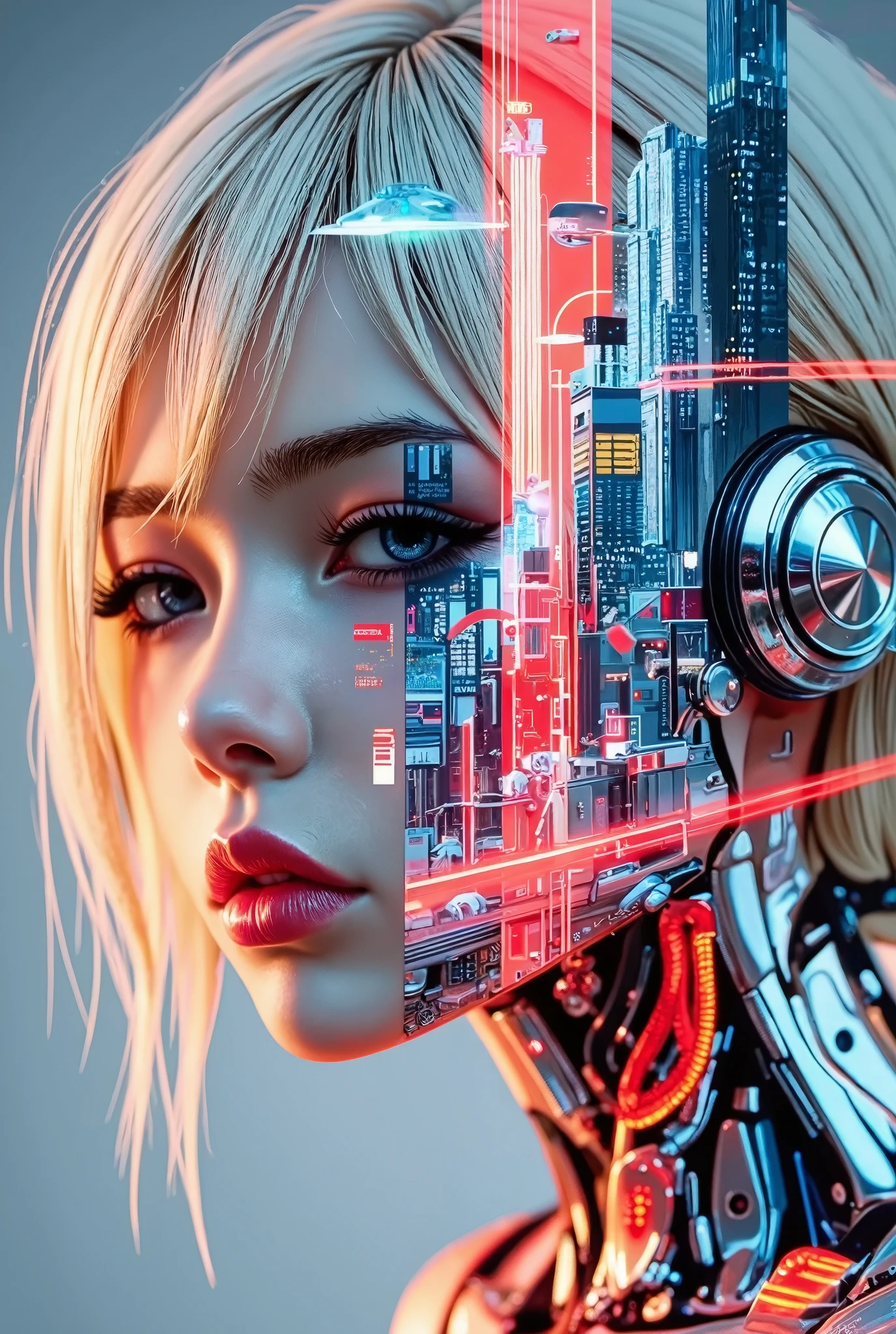 Photorealistic, ultra-high-definition double exposure artwork of a futuristic goddess-like robot woman set against a sprawling sci-fi cityscape. Her portrait is framed with immaculate precision—face angled slightly down, eyes forward, lined in smudged black shadow, with intense crimson lips forming a near-perfect pout. Golden-blonde hair falls in delicate strands over her sleek metal faceplate, merging into the glowing architecture of the world below. The cityscape—full of asymmetrical crystalline towers, hovering structures, and neon-beamed sky rails—surrounds and partially overlays her, blending with her shoulders and collarbone. Visible beneath her hair and collar are layers of fine-threaded circuitry, polished wiring, and chrome-panelled joints—exposed in elegant symmetry. Vivid lighting creates high contrast, with glowing reds and cool electric blue highlights slicing through metallic tones. The image is [magnificent], [best quality], masterfully composed, fusing fashion portraiture with industrial sci-fi design.