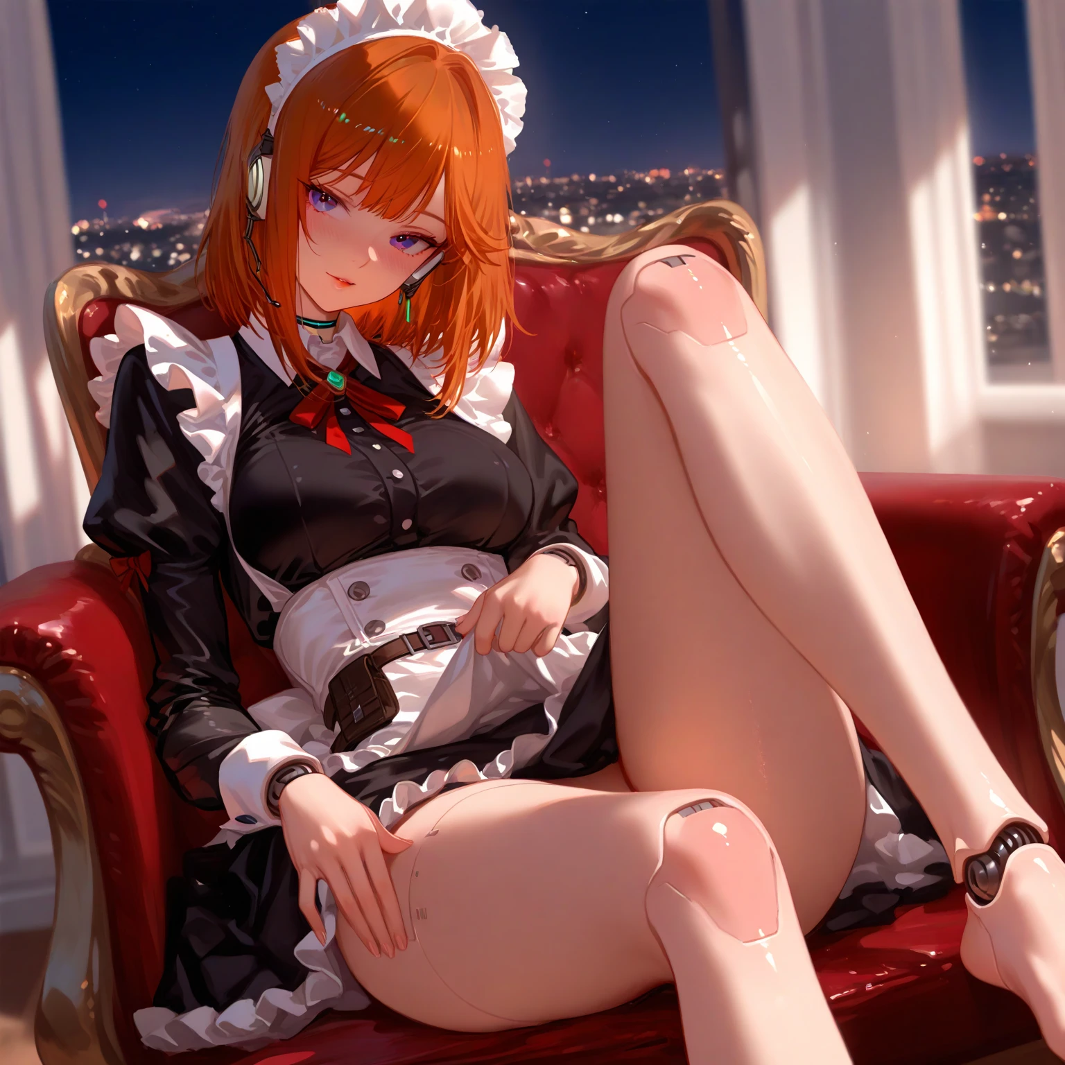 (masterpiece)(8k)(cute)(facial close-up) a 18-year old girl, white apron, sitting on chair, leg hanging over armchair, orange hair, short hair,  wild messy hair, flat chest, white bandana, choker necklace, (visible panties:1.3), e-girl, gamer, punk, lime green pupils, seductive smile, horny, (semen:1.3), (glossy lips:1.2), shiny lips, eyeshadow, night, modern architecture, rossdraws pastel, digital wallpaper art, anime 8k style, blurry background