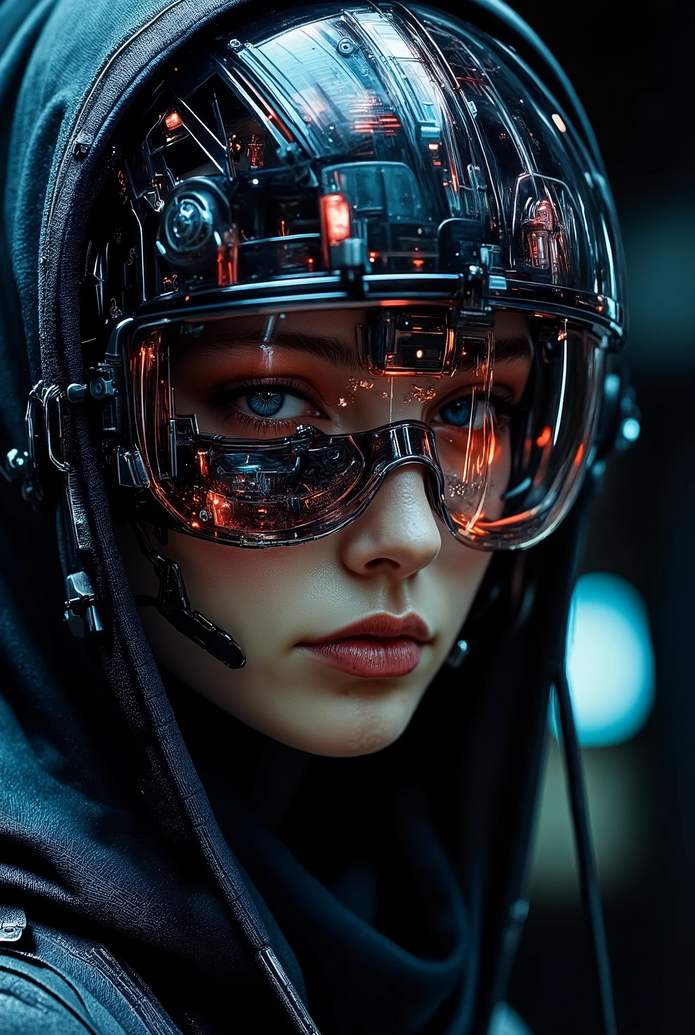 Hollywood Cinematic Film style, epic photography, dramatic light, Kodak film style, close-up, shadowy cyber-enhanced sniper, hooded female operative wearing a high-tech augmented combat suit, biomechanical facial implants visible beneath her partially transparent visor, glowing data lines coursing through her armor, ultra-detailed texture on synthetic nanoweave fabric, highly expressive piercing blue cybernetic eyes, slight scars and subtle facial freckles adding realism, sleek aerodynamic helmet with reinforced targeting system, low-light sci-fi environment with dramatic contrast, cinematic lighting highlighting intricate mechanical details.