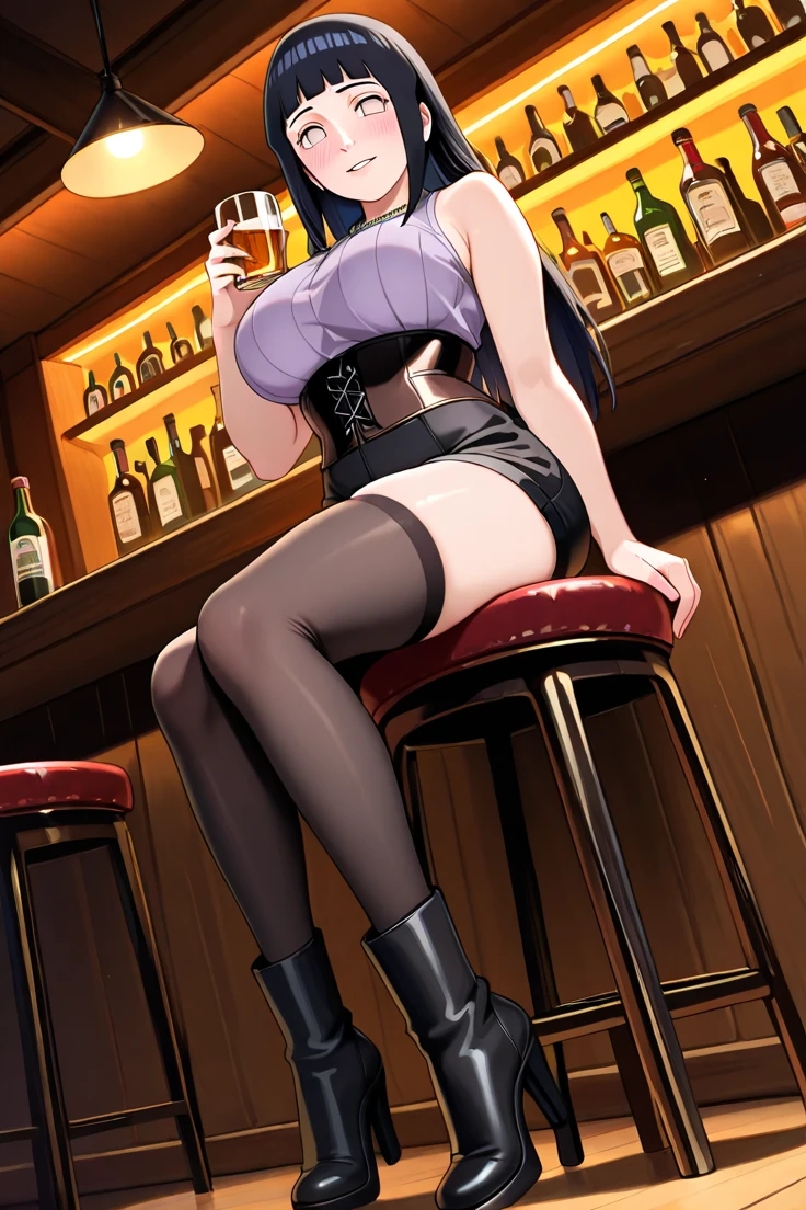 (from below:1.2),(from side:0.9), ((Face)), (Close-Up:0.4), masterpiece,"A 26-year-old girl stands at a bar counter. She is dressed in a stylish off-shoulder dress, sweater dress, off-shoulder sweater, red sweater,garter stocking, cleavage:1.1, midriff, black shorts, black thighhighs, thigh strap, pretty girl, (highly detailed beautiful face and eyes,firm breasts),real skin,((black,hair,long pony tail hair)),thin pubic hair,cute and lovely pose, detailed eyes, This masterpiece is only visually stunning but also tells,(double breasted:0.6,under bust:0.6),(with sparkling eyes and a contagious smile),open mouth. The bar is beautiful, with colorful bottles of alcohol in the background and a soft glow from neon lights. The atmosphere is relaxed, and the girl looks confident and fashionable.",full body, sexy pose,make a cocktail , in a bar counter, Looking at Viewer,