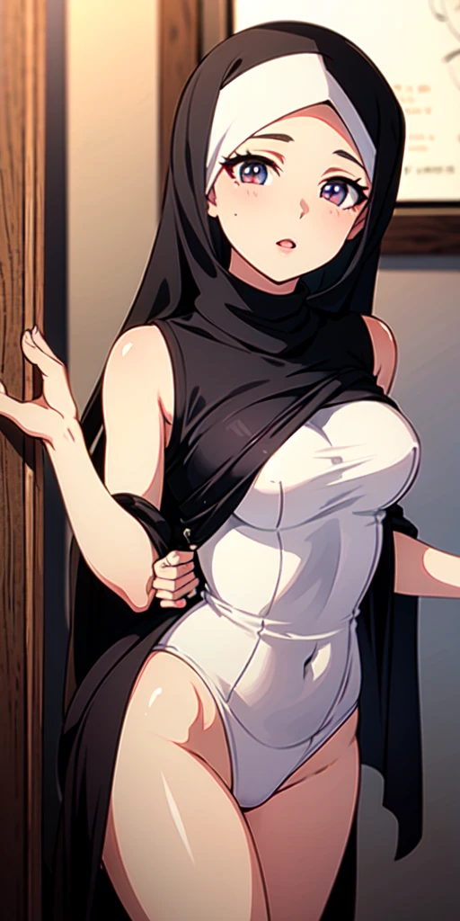 (masterpiece:1.2), best quality, high resolution, unity 8k wallpaper, (illustration), extremely detailed face, perfect lighting, extremely detailed CG, (beautiful detailed eyes:1.2), 1girl, solo,  kiara, nun, habit, yellow eyes, black dress, standing, huge breasts, cowboy shot, church, looking at viewer, mature woman, pervert smile