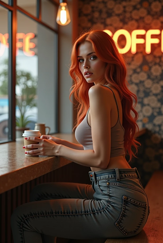 ultra realistic, photography, long straight red hair, (30 years old, hourglass figure, perfect body, natural medium breasts), high heels, Flirty look, Long eye lashes, Award Winning Glamour Photograph extremely detailed award winning glamour photograph, front lit, HDR, she is wearing beige skimpy see-through lingerie in an old fanshioned diner, she is posing like a pin-up model, sexy posing, she is gently touching her neck with both hands, she leans her head back and has her eyes closed and lips parted
