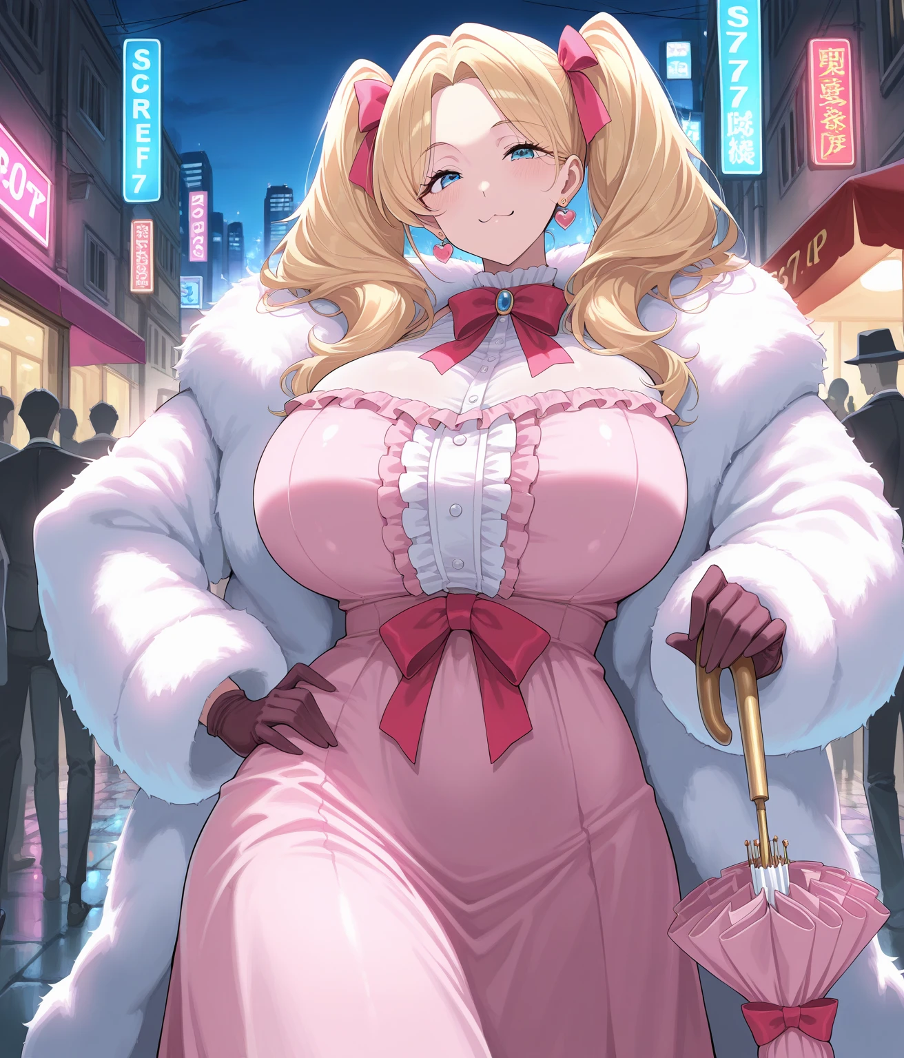 blush, smileglowing aura, natural light, masterpiece, glossy skin, juicy lips , ,sexy, hot, , cleavage, evil,juicy lips, bimbo, hour glass, blonde hair, wide eyes, green eyes, massive boobs, dark lighting, long hair, pink bow, oversized jumper, platform shoes, bow in hair, golden round glasses, sandy blonde hair, bimbo, cute, fluffy white coat, shopping, shopping bags, white fluffy coat, evil smile, no hair on forehead, no fringe, from below, juicy lips, cowboy shot