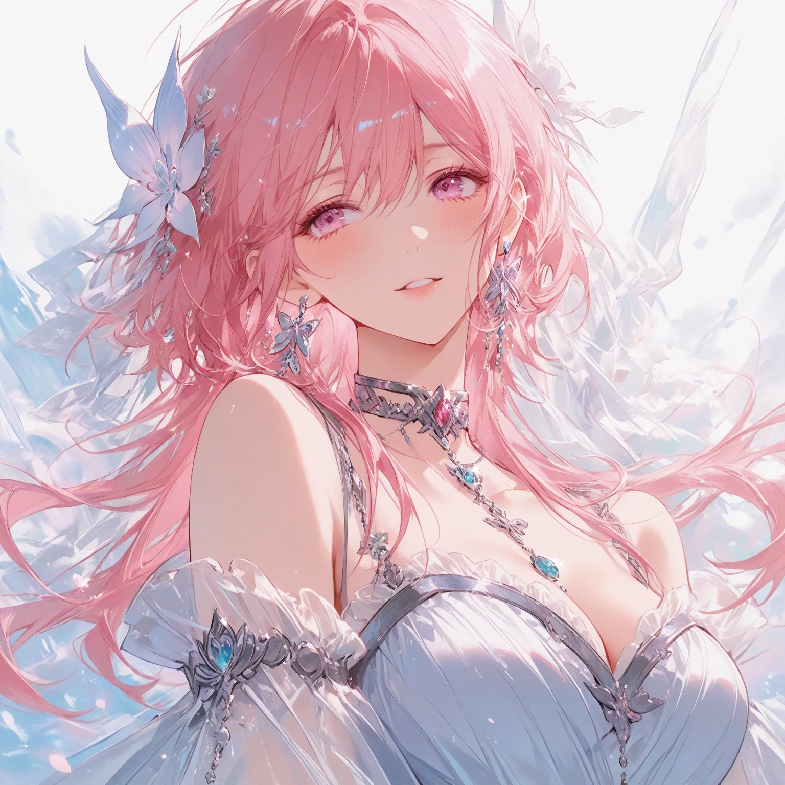 (Masterpiece:1.3), (Best quality:1.3), Fantasy art, Stand above the clouds and look down on the earth, Dynamic lighting, voluminetric lighting, Highly detailed face, Turquoise pupils, Highly detailed eyes,4K, Award-winning, 1 girl, full bodyesbian, (white wedding gown), Long pink hair, cat ear,Lilac light gauze shawl,