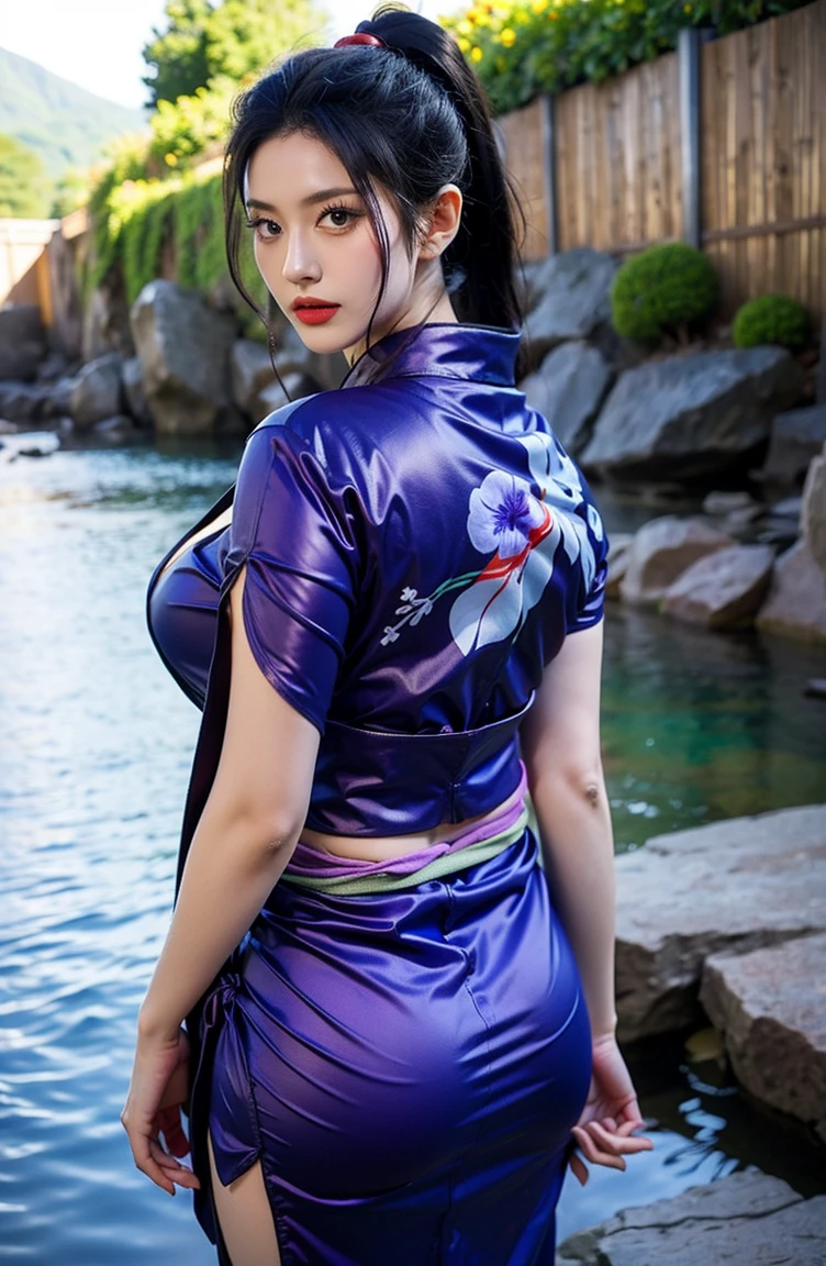 girl with purple hair holding a umbrella, red lips glossy, 8k, ultra hd, ultra detailed texture, hyper realistic, masterpiece, detailed texture, detailed face, detailed skin, detailed lighting, (photorealistic:1.5), best quality, beautiful lighting, cinematic lighting, professional lighting, ultra highres, realistic, detailed hair, real hair, high quality, (realskin:1.5), extremely detailed, finely detail, ultra-detailed, smile, kimono outfit, yellow eyes.