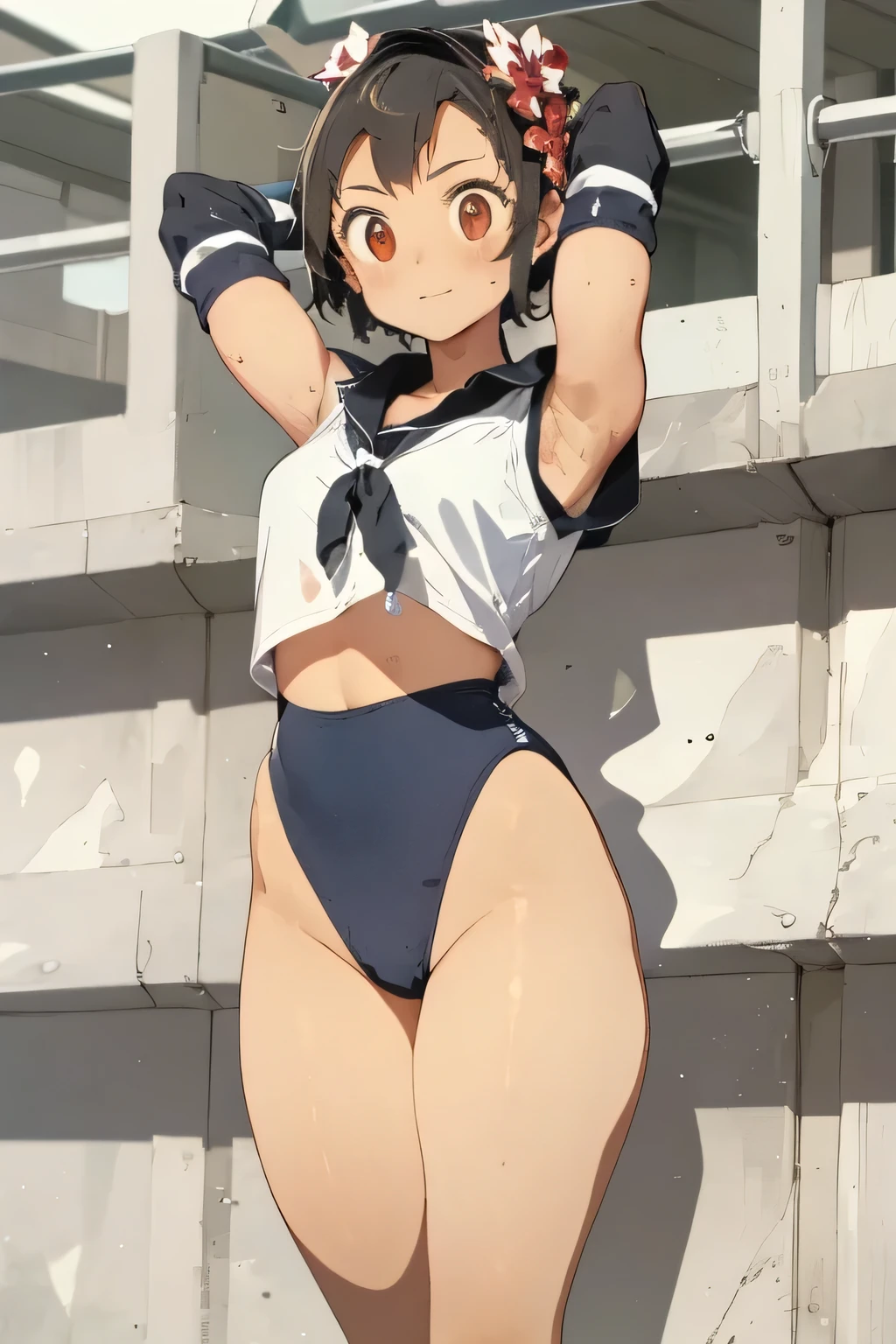 (1 female),(solo),(front),(crying:1.5),BREAK,black short hair,(large breasts),(beautiful abs1.1),(thick muscular legs),(very slim body:1.4),BREAK,black glasses,BREAK,(short sleeved white sailor suit:1.4),(crop top:1.5),((cum in pussy:1.6)), BREAK,(black thighhighs boots),BREAK,((Highest quality)),masterpiece,Perfect Anatomy,Highly detailed face and eyes