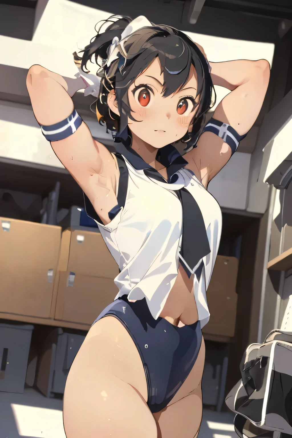 1 cute muscular girl,Has short black hair,coordination,Blue veins,Eight-pack abs,Biceps