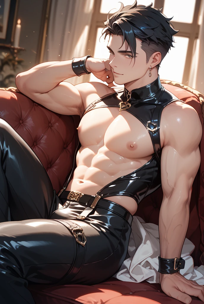 {{bondage}}, sweat, muscular, {beard}, {1 male}, mature,20 years old, short hair, {{{Blunt bangs}}}, black hair, evil smile, heart, bright skin, knee_boots, {{{masterpiece}}}, {{{ultra detail}}}, {{bulge}}
