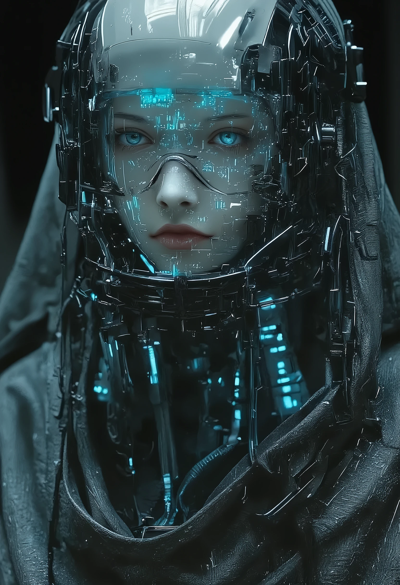 Hollywood Cinematic Film style, epic photography, dramatic light, Kodak film style, close-up, shadowy cyber-enhanced sniper, hooded female operative wearing a high-tech augmented combat suit, biomechanical facial implants visible beneath her partially transparent visor, glowing data lines coursing through her armor, ultra-detailed texture on synthetic nanoweave fabric, highly expressive piercing blue cybernetic eyes, slight scars and subtle facial freckles adding realism, sleek aerodynamic helmet with reinforced targeting system, low-light sci-fi environment with dramatic contrast, cinematic lighting highlighting intricate mechanical details.