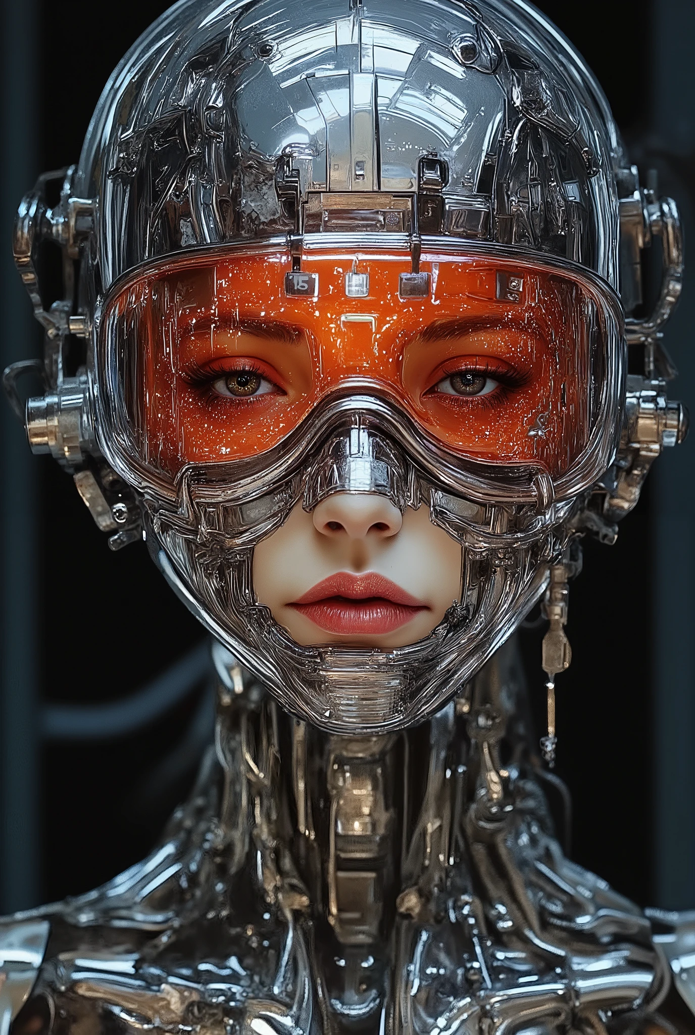Close-up, female, solo, looking at viewer, portrait, science fiction, business suit, cybernetic, shiny skin, full body