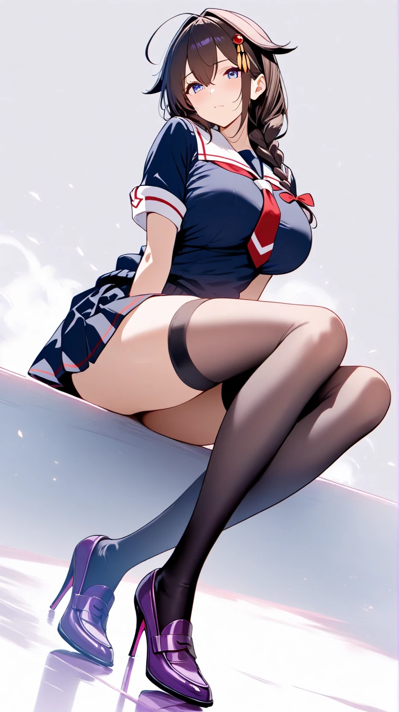 toga himiko, boku no hero academia, 1girl, bangs, black sailor collar, black thighhighs, blonde hair, blue sailor collar, blunt bangs, blush,, brown cardigan, cowboy shot, double bun, grin, hair , yellow eyes , long sleeves, messy hair, narrowed eyes, smile, big breasts, 8K, (original: 1.2), (far shot), (realistic: 1.3), masterpiece, best quality, beautiful clean face, fullbody, 1girl, posing for a picture, long legs, huge breasts , showing feet,showing feet soles,legs_up,{feet_up}, lying,leg_lift, feet,